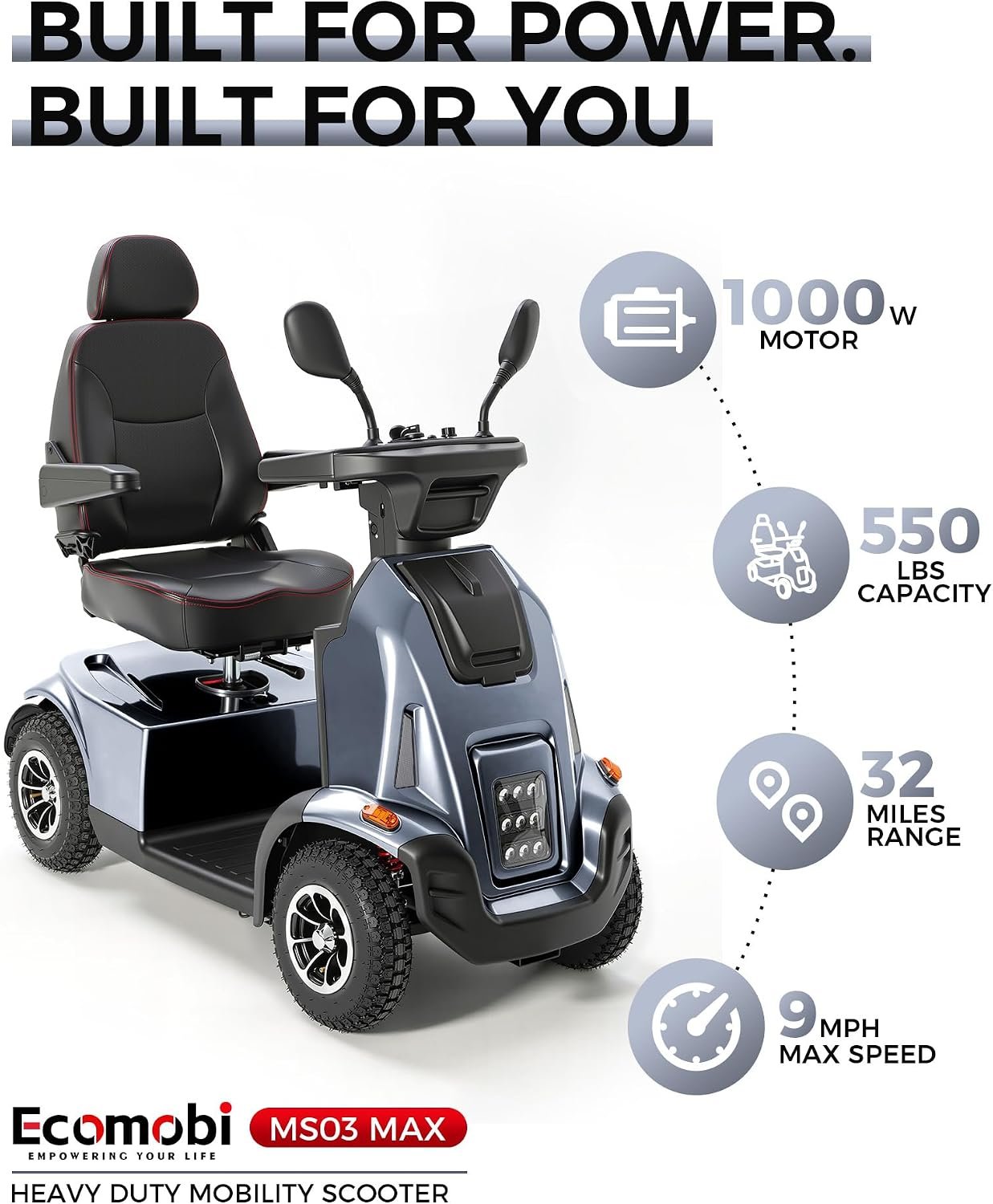 Ecomobi All-Terrain Heavy Duty Mobility Scooter for Seniors &amp; Adults, 1000W Powerful Motor, 550 lbs Weight Capacity, 32 Mile Extended Range, 9 MPH, 13” Pneumatic Tires, Full Suspension, FDA Cleared