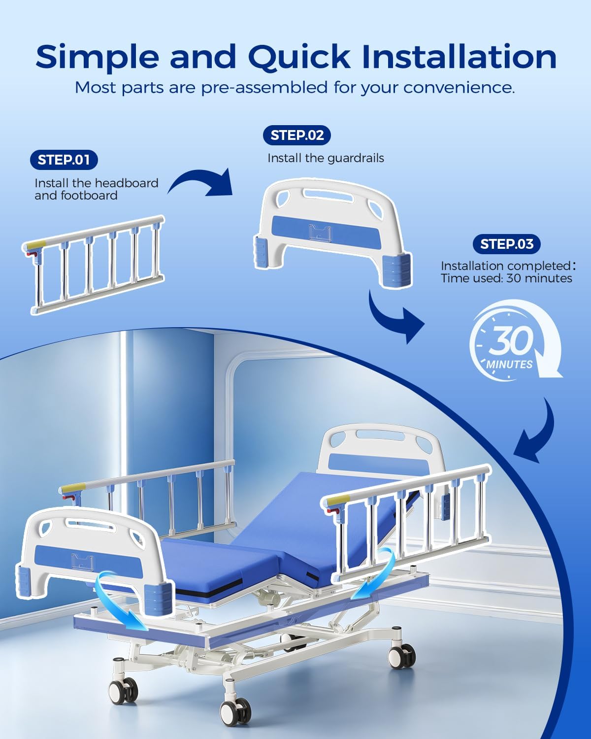 4-Function Full Electric Hospital Bed with Mattress, 600 lbs