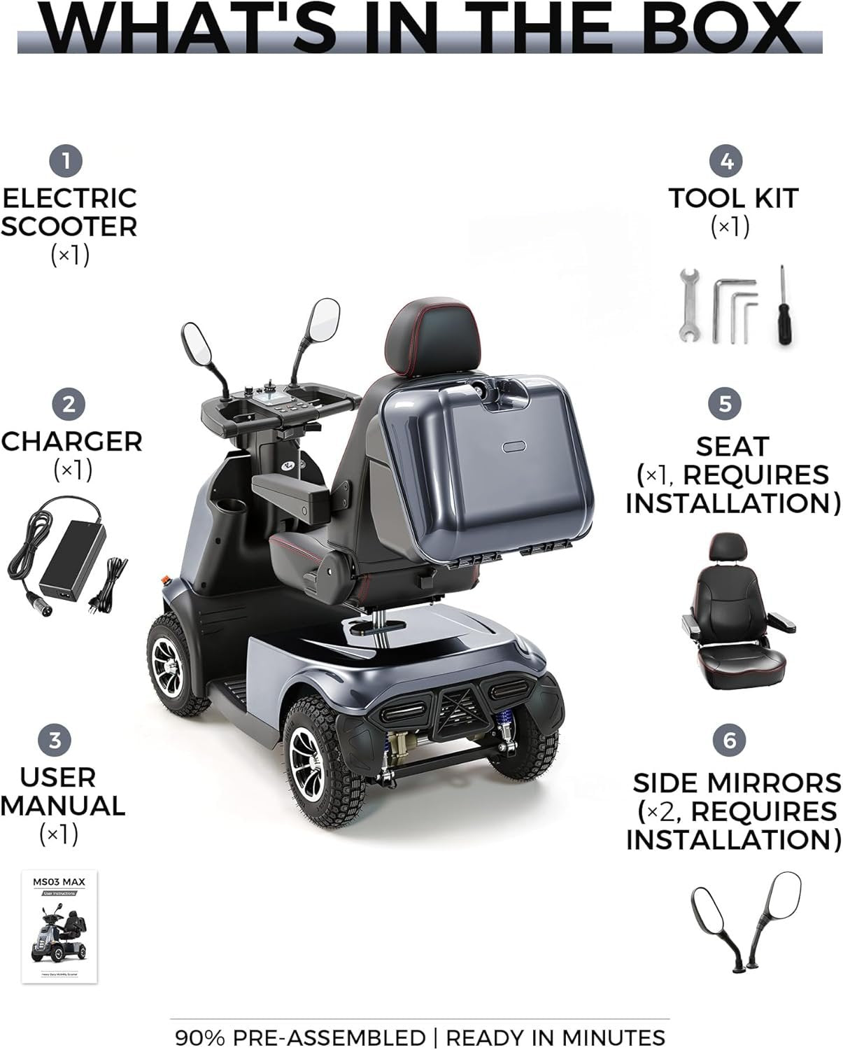 Ecomobi All-Terrain Heavy Duty Mobility Scooter for Seniors &amp; Adults, 1000W Powerful Motor, 550 lbs Weight Capacity, 32 Mile Extended Range, 9 MPH, 13” Pneumatic Tires, Full Suspension, FDA Cleared