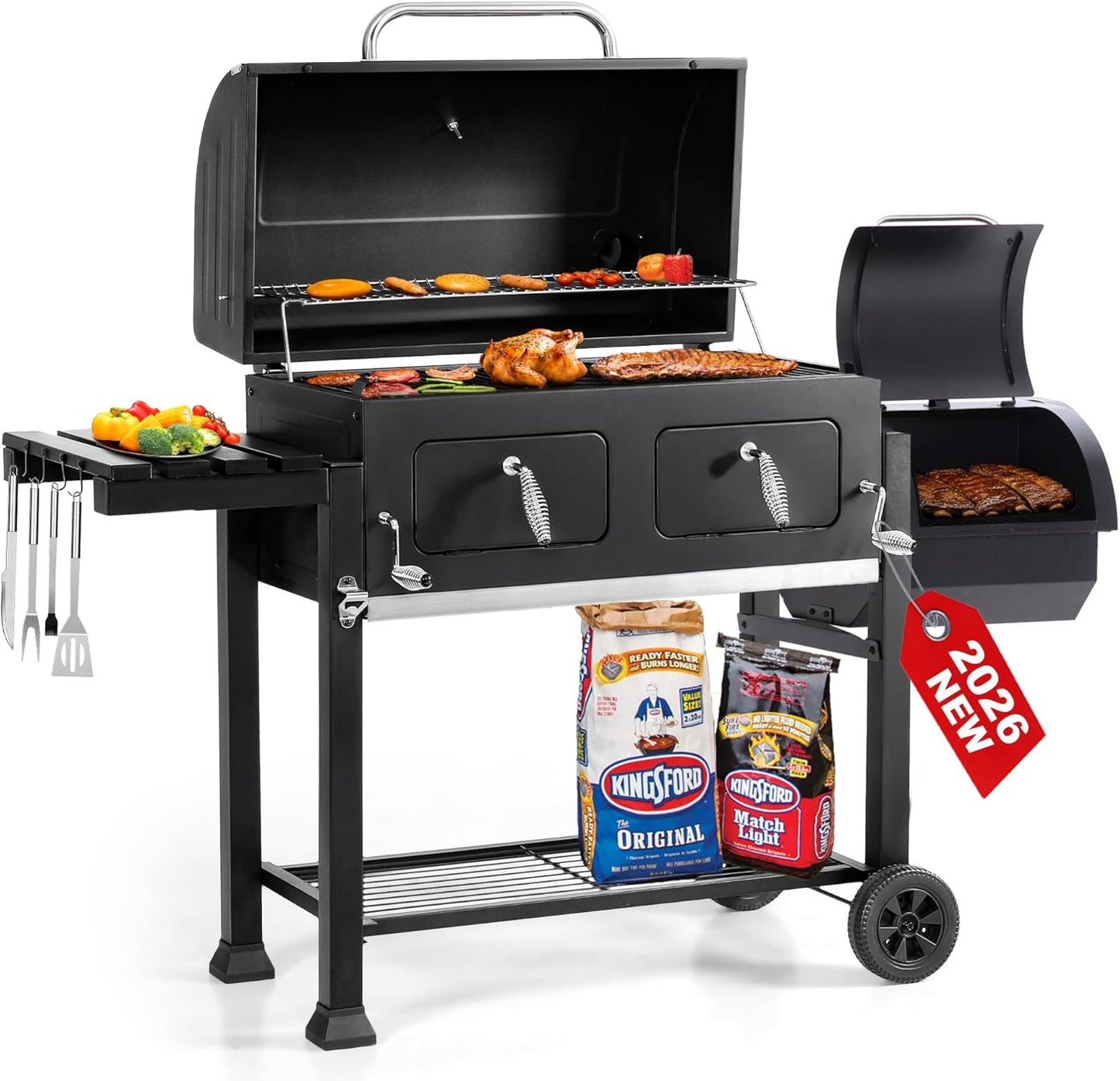 30-Inch Charcoal BBQ Grill and Offset Smoker