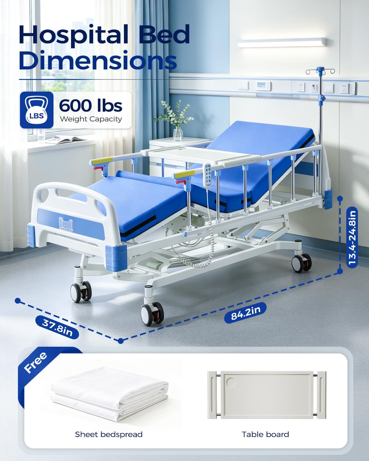 4-Function Full Electric Hospital Bed with Mattress, 600 lbs