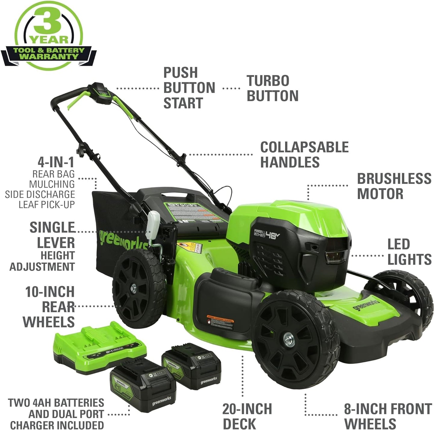 Greenworks 48V 20" Cordless Lawn Mower, Trimmer & Blower Combo Kit with Batteries