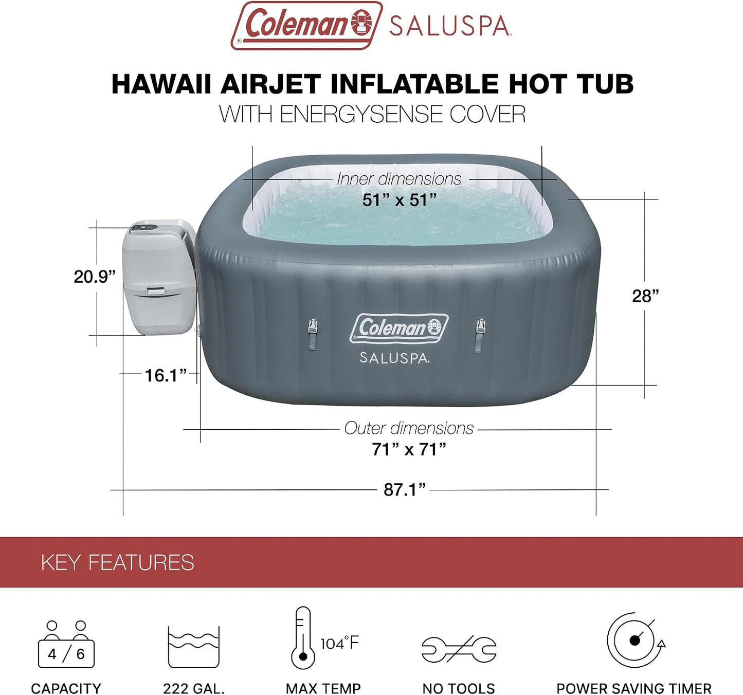 Coleman Hawaii AirJet 4-6 Person Inflatable Hot Tub with 140 AirJets, Grey