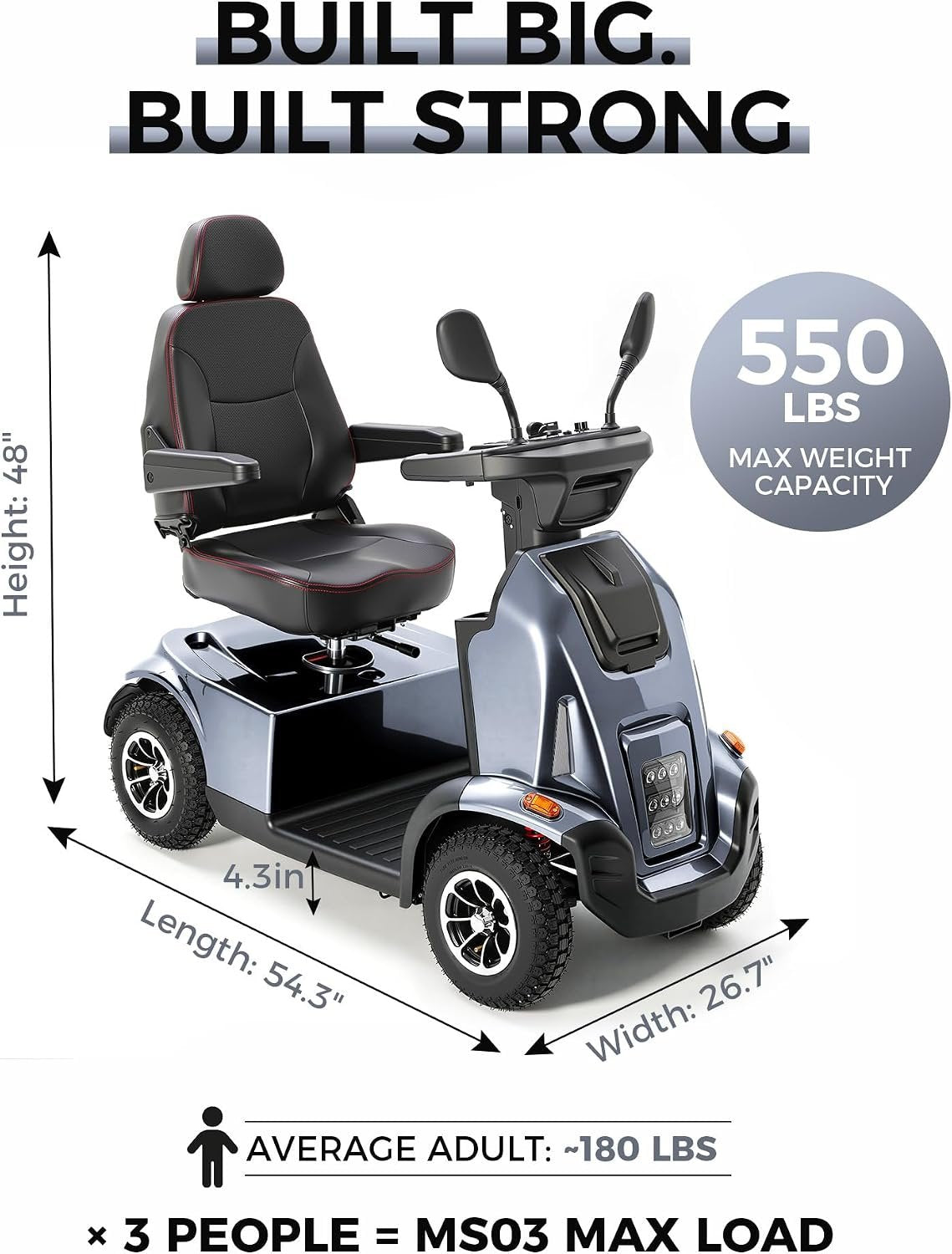 Ecomobi All-Terrain Heavy Duty Mobility Scooter for Seniors &amp; Adults, 1000W Powerful Motor, 550 lbs Weight Capacity, 32 Mile Extended Range, 9 MPH, 13” Pneumatic Tires, Full Suspension, FDA Cleared