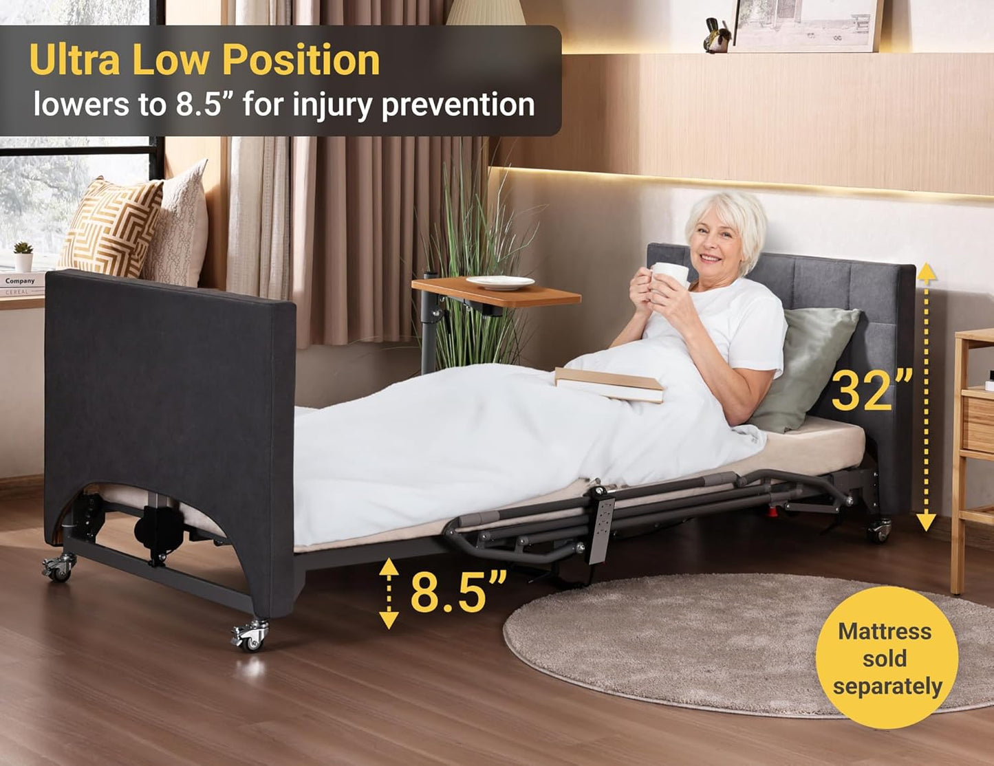 5-Function Electric Hospital Bed with LIMOSS Motor & Overbed Table