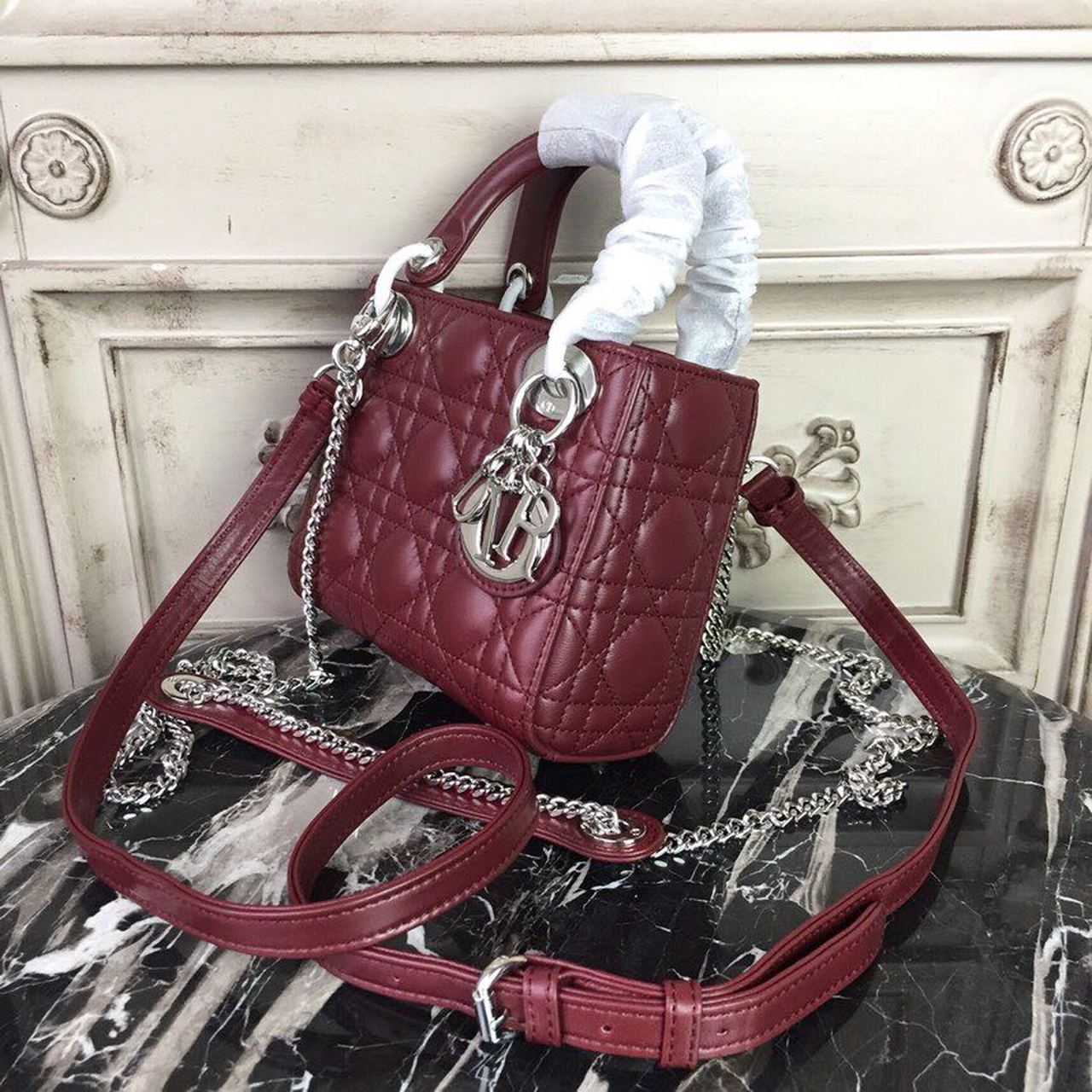 Christian Dior Mini Lady Dior Bag 18cm with Chain Silver Hardware Lambskin Leather Spring/Summer Collection, Burgundy