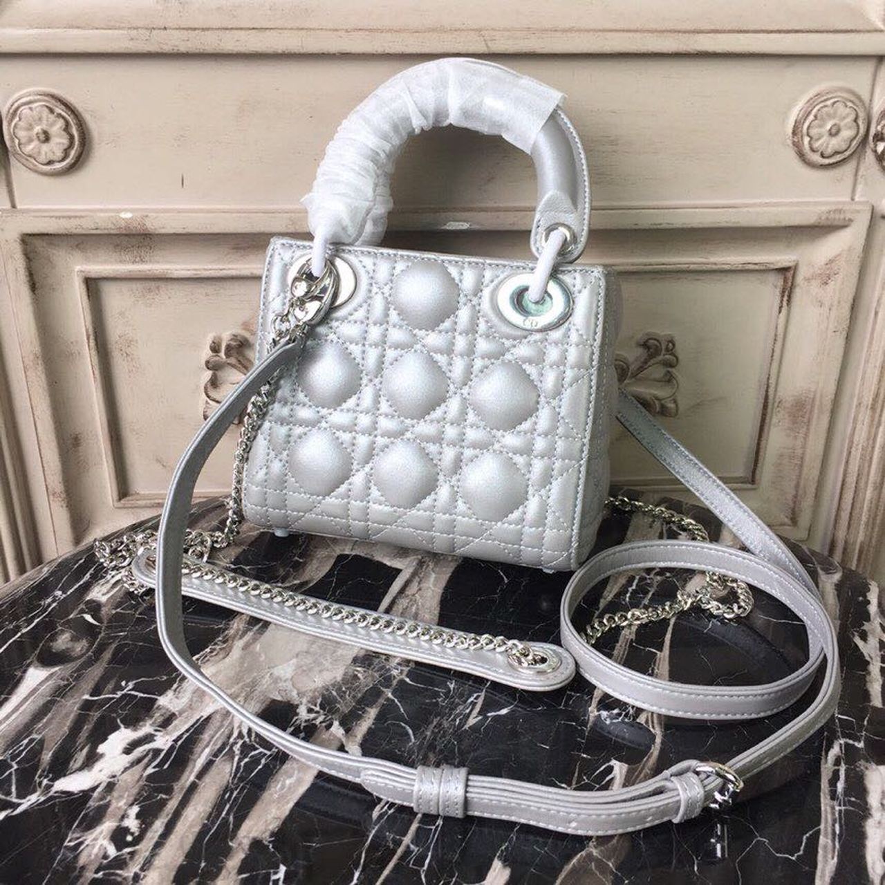 Christian Dior Mini Lady Dior Bag 18cm with Chain Silver Hardware Lambskin Leather Spring/Summer Collection, Pearl Gold