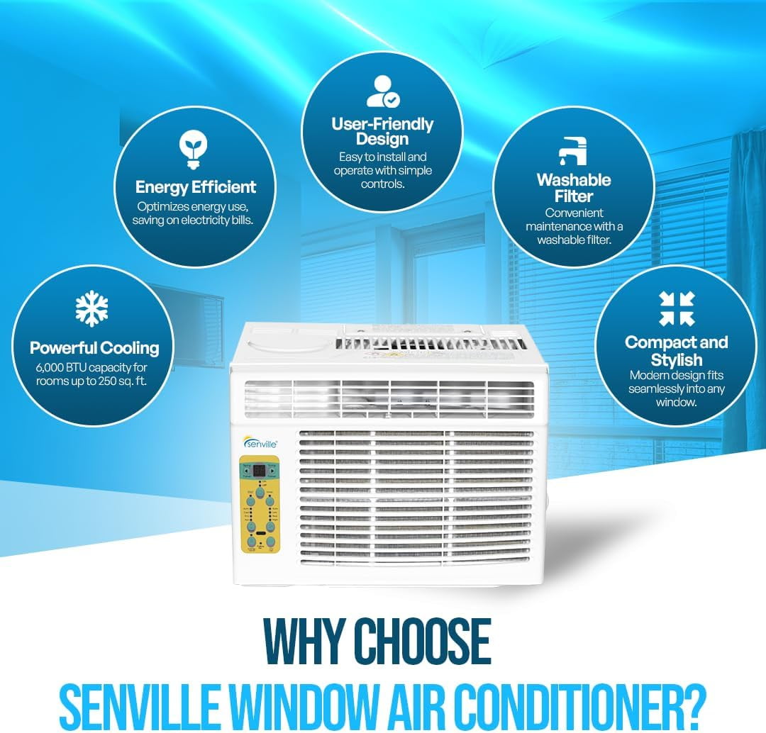 Senville 6000 BTU Window Air Conditioner, Cooling for Rooms up to 250 sq ft, Washable Filter, Easy to Use