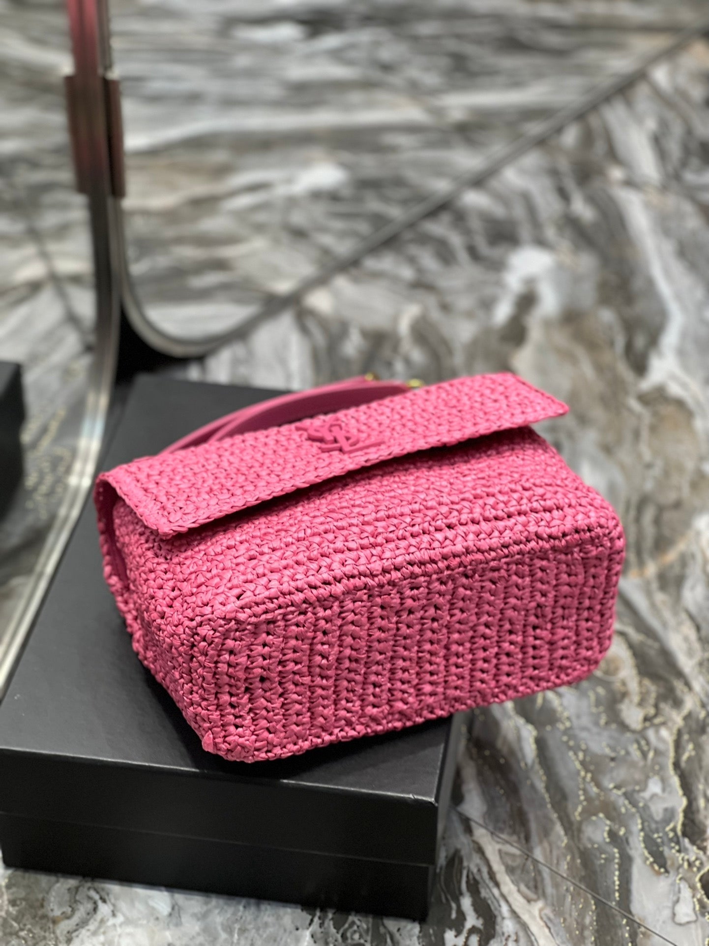 Saint Laurent Niki Medium Chain Bag In Rafia For Women 28cm Pink YSL 632539FAABR9083