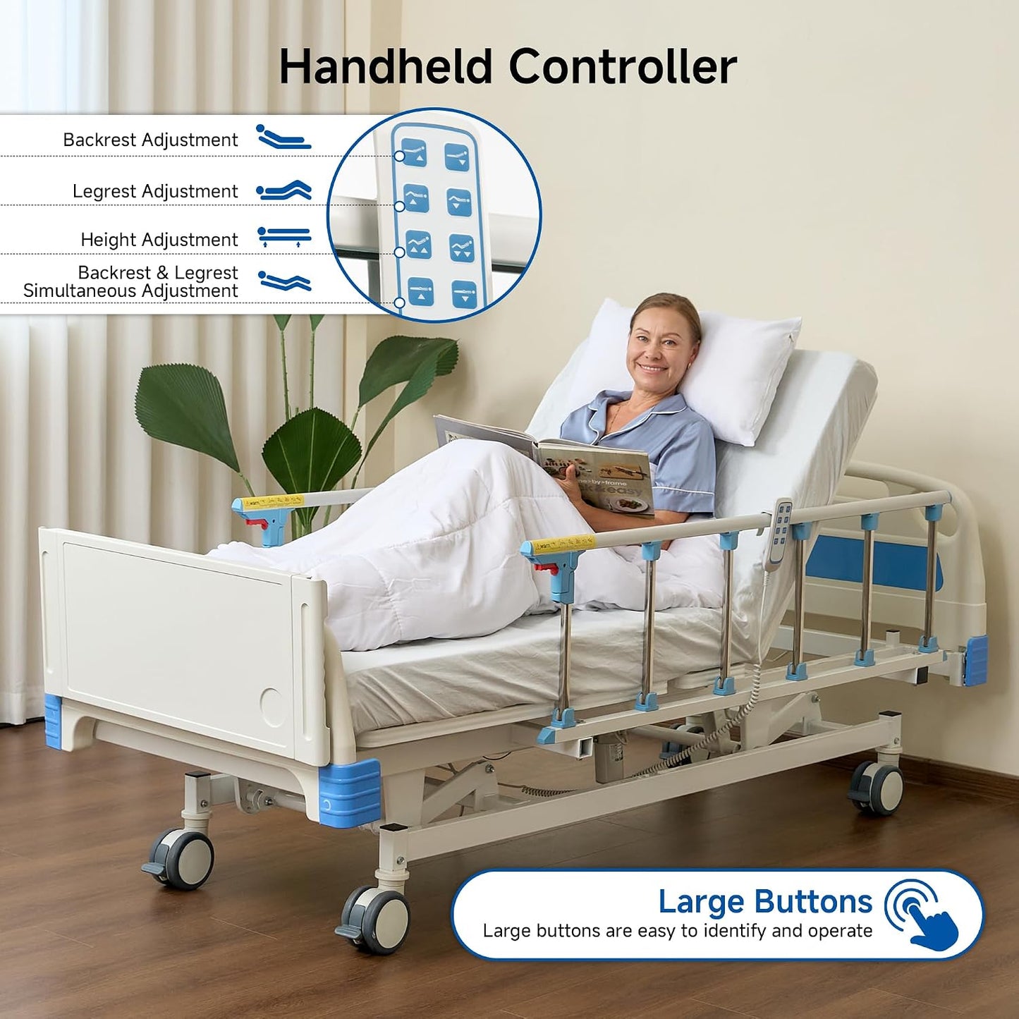 Real Relax Full Electric Hospital Bed with Mattress & IV Pole