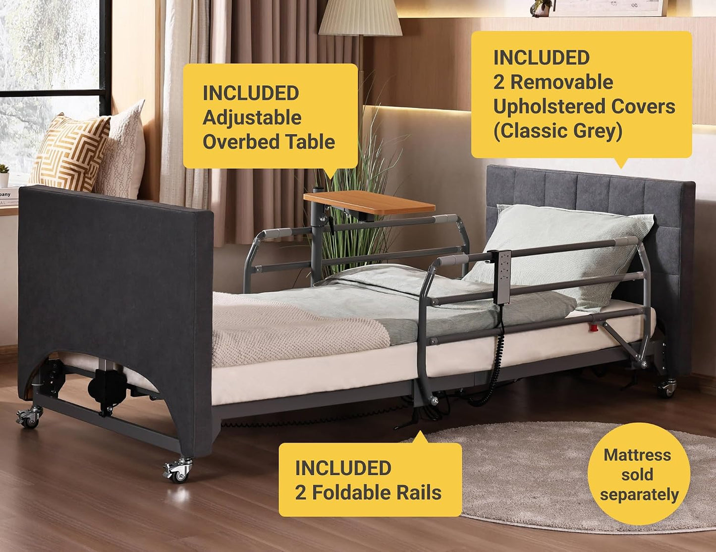 5-Function Electric Hospital Bed with LIMOSS Motor & Overbed Table