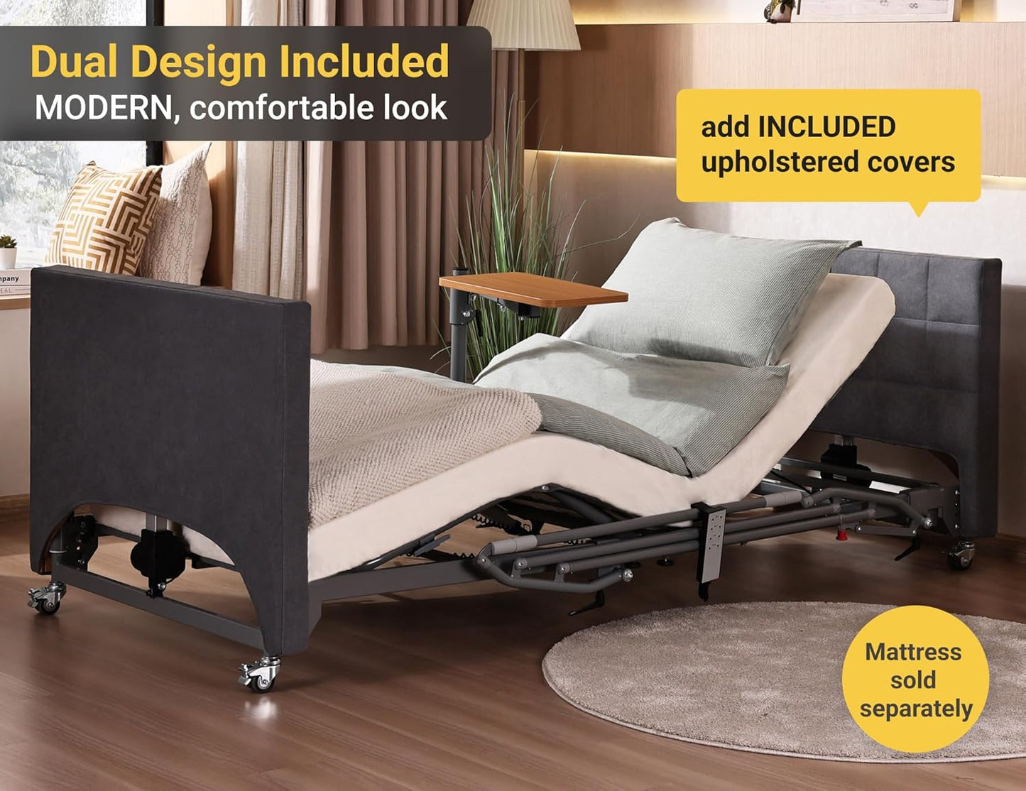5-Function Electric Hospital Bed with LIMOSS Motor & Overbed Table