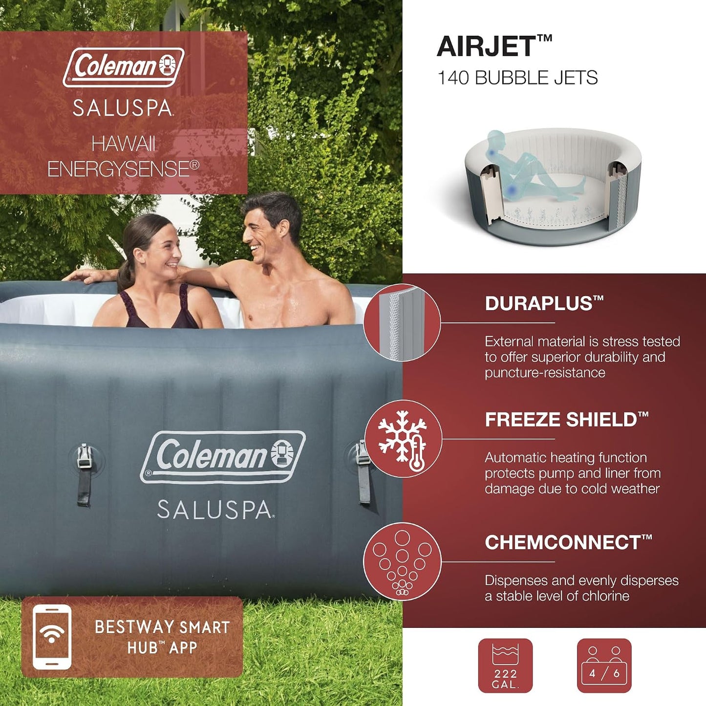 Coleman Hawaii AirJet 4-6 Person Inflatable Hot Tub with 140 AirJets, Grey