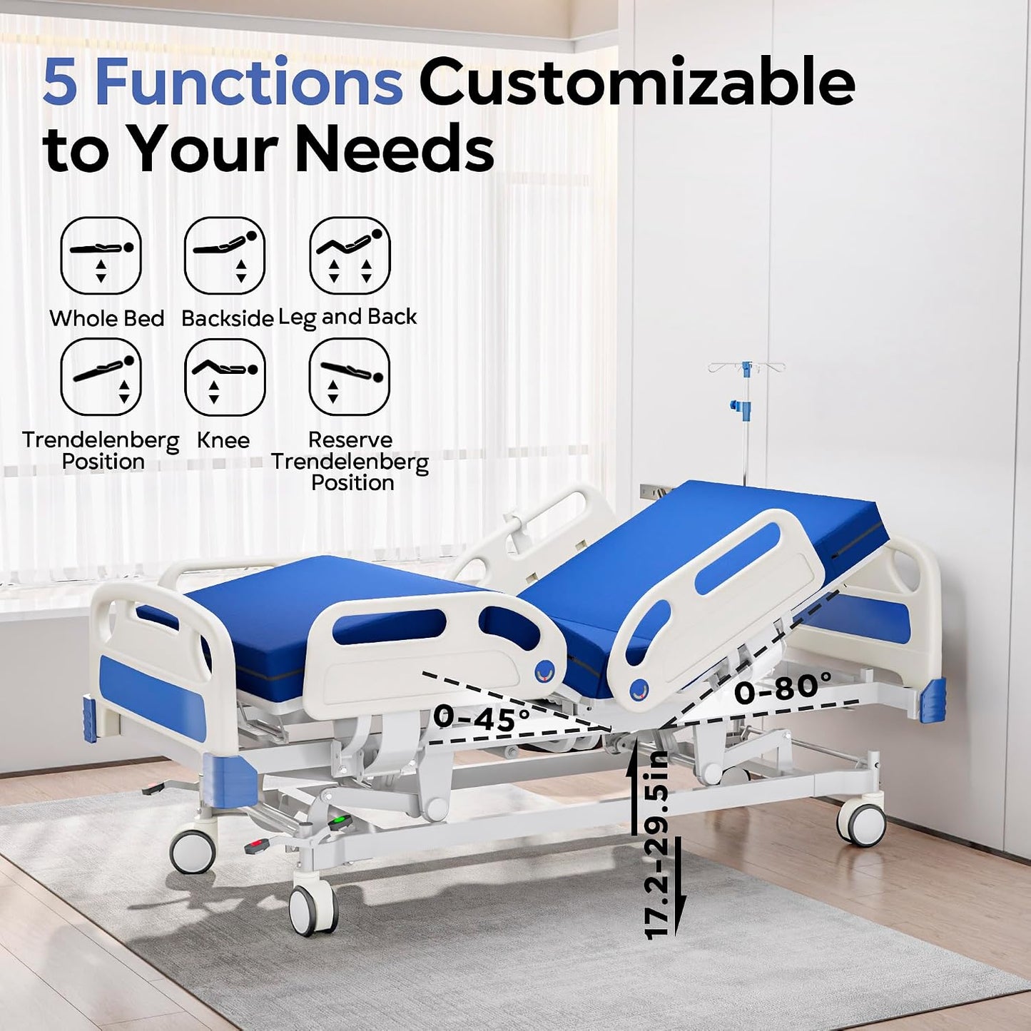 5-Function Full Electric Hospital Bed with 4.7" Foam Mattress