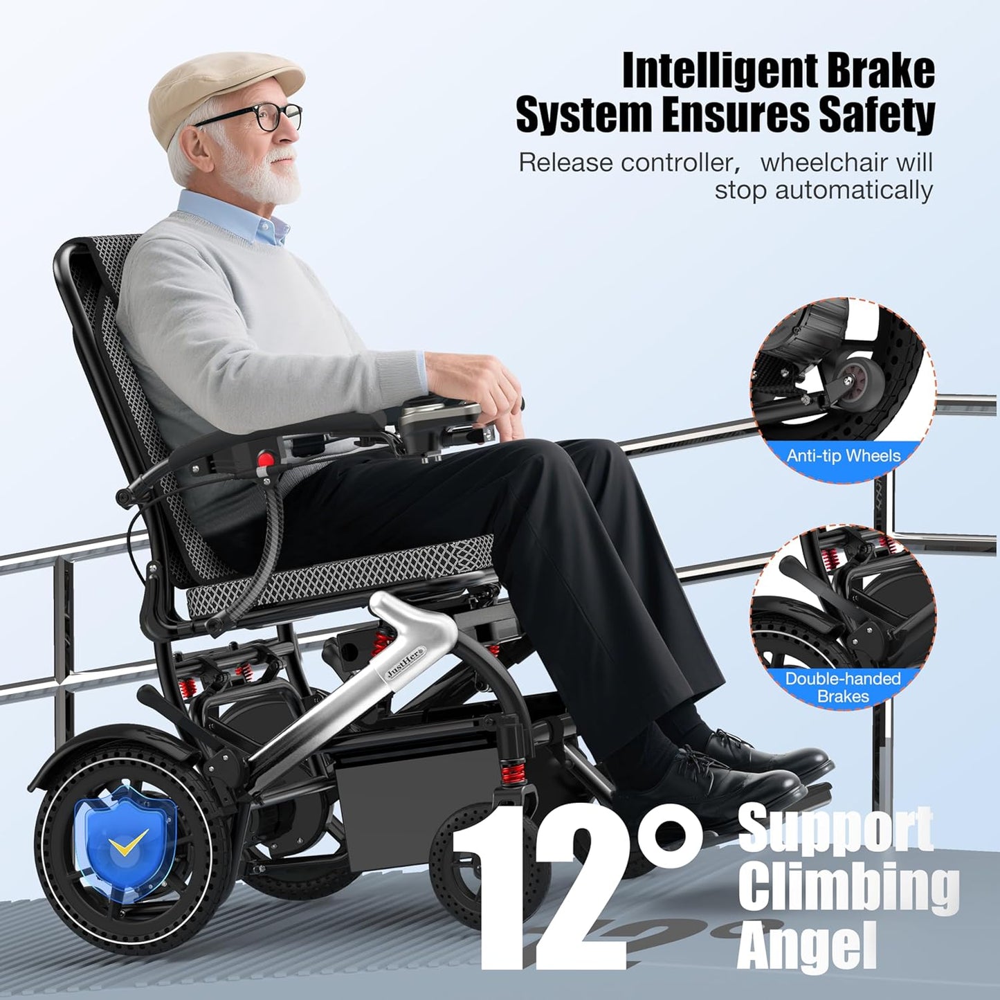 Foldable Electric Wheelchair with 15-Mile Range & 500W Motors – Silver