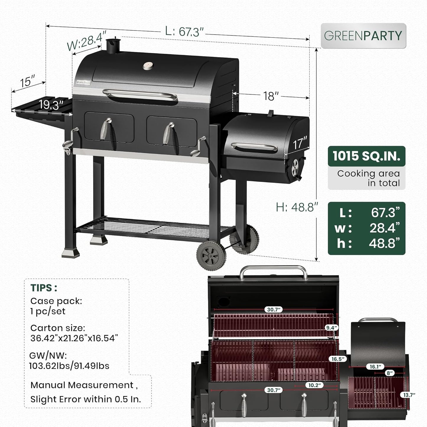 30-Inch Charcoal BBQ Grill and Offset Smoker