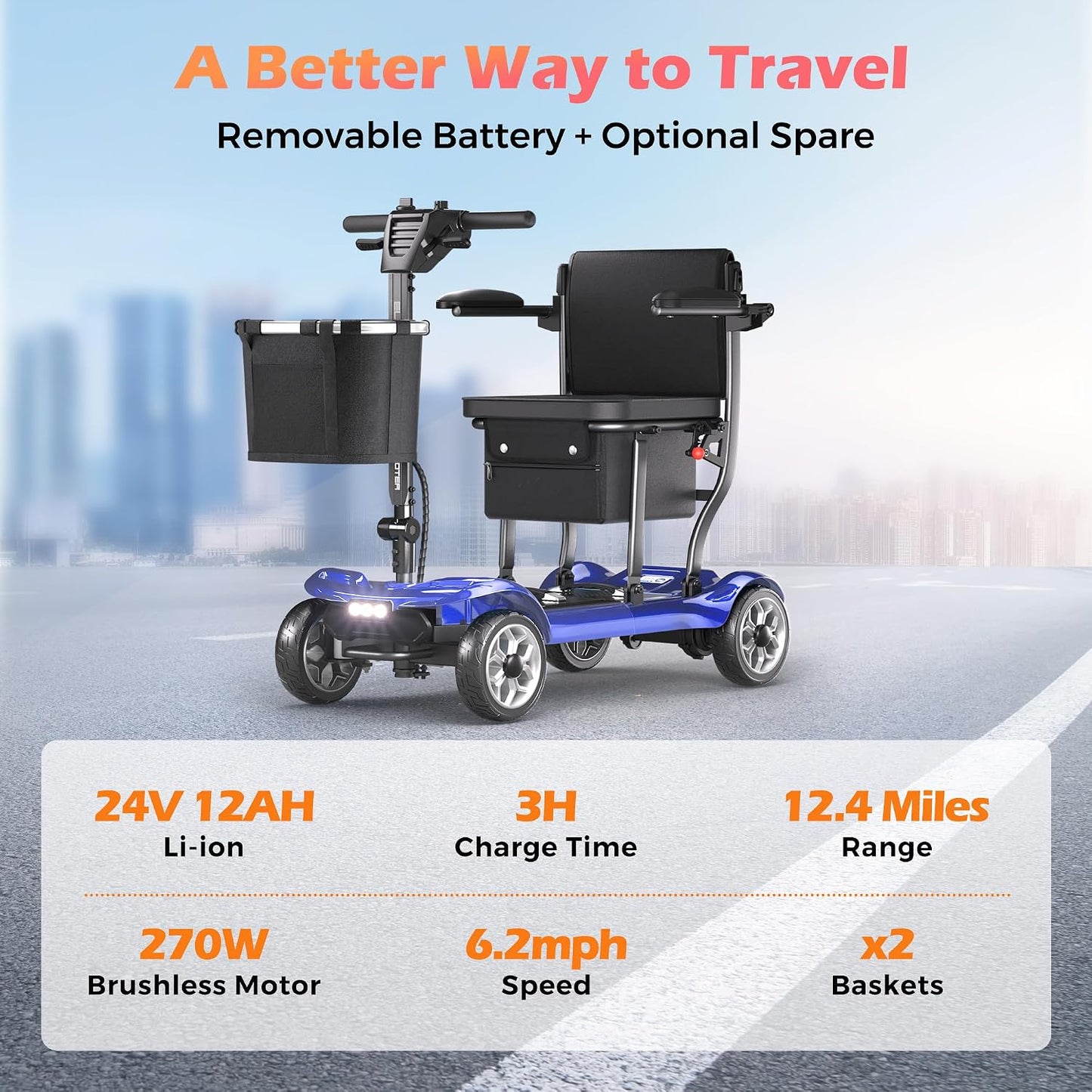 Lightweight Foldable Mobility Scooter with 12.4-Mile Range – Blue