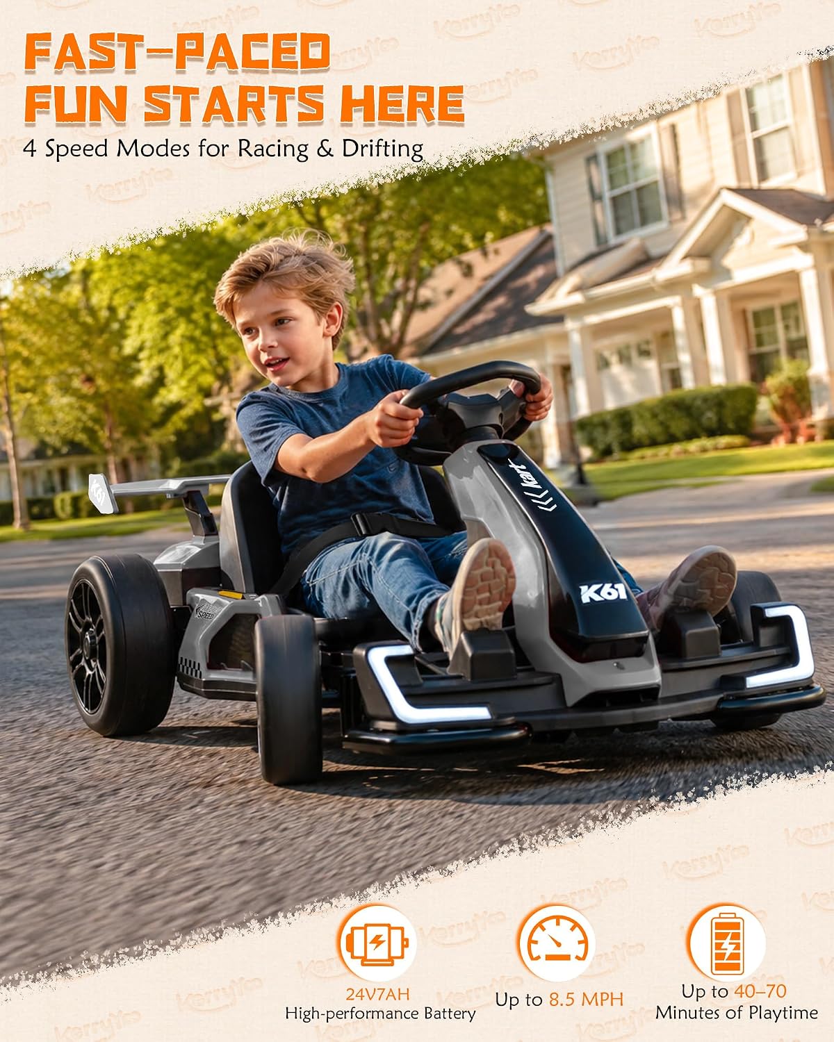 KerryYoo K61 Electric Drift Go Kart for Kids – Gray