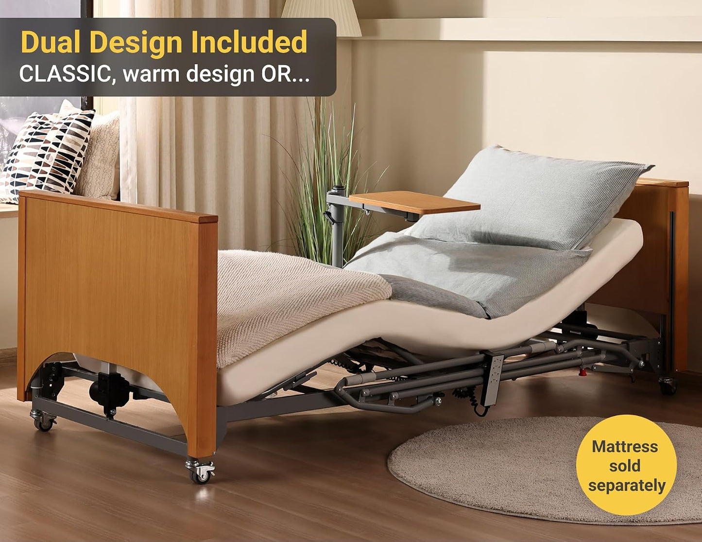 5-Function Electric Hospital Bed with LIMOSS Motor & Overbed Table