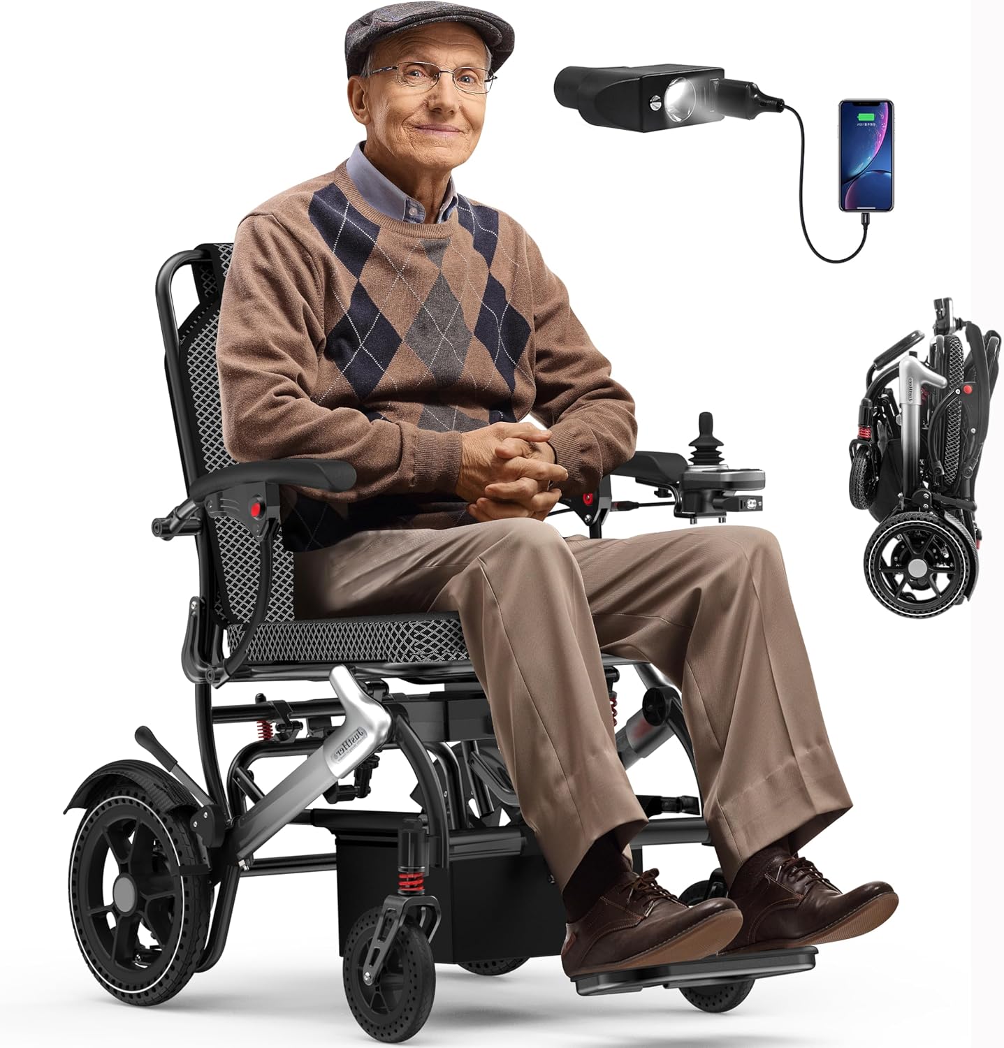 Foldable Electric Wheelchair with 15-Mile Range & 500W Motors – Silver