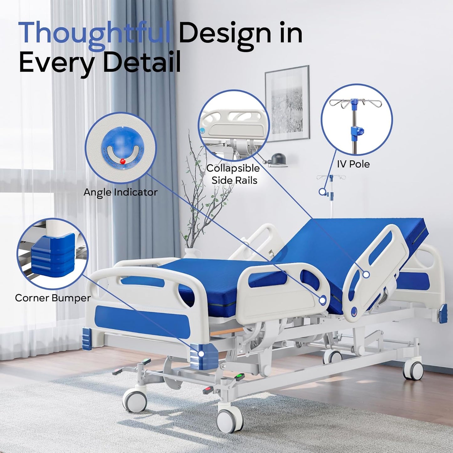 5-Function Full Electric Hospital Bed with 4.7" Foam Mattress