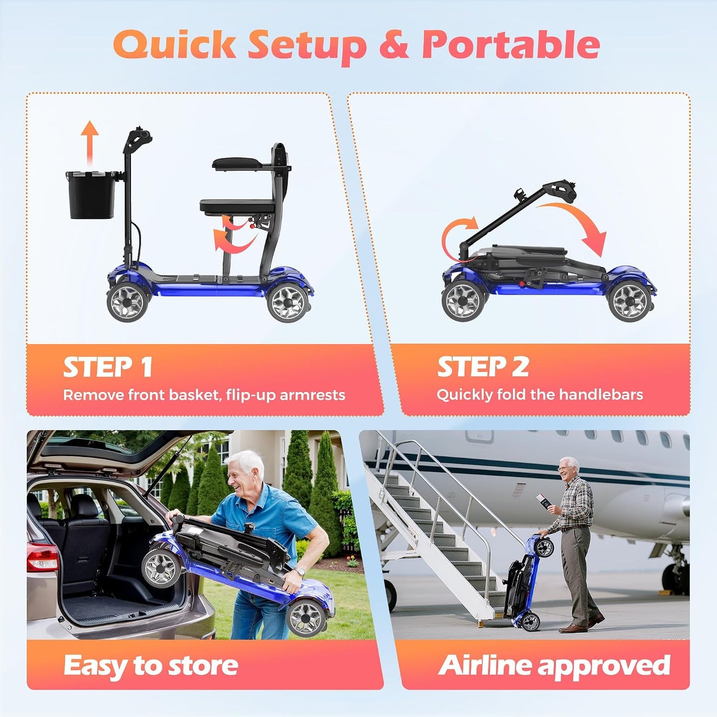 Lightweight Foldable Mobility Scooter with 12.4-Mile Range – Blue