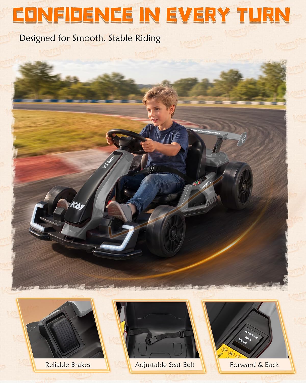 KerryYoo K61 Electric Drift Go Kart for Kids – Gray