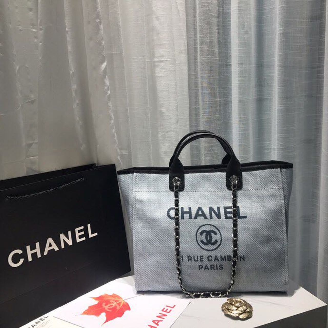 Chanel Deauville Tote 38cm Canvas Bag Spring/Summer Collection Light Grey/Black/Multi