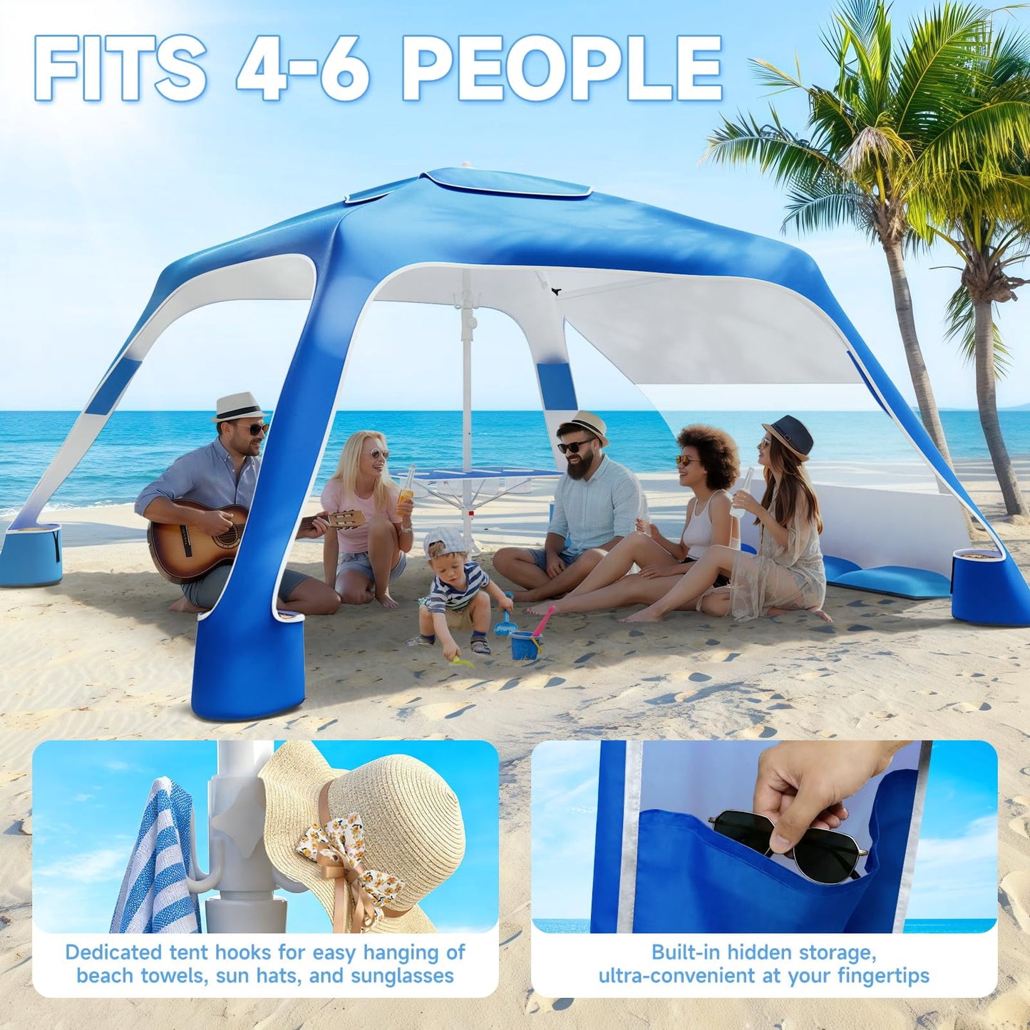 Beach Canopy Cabana with 4 Corners, 6.5'×6.5' Tent Sun Shelter, Adjustable Height Beach Umbrella Tent with Side Wall, Blue Gradient