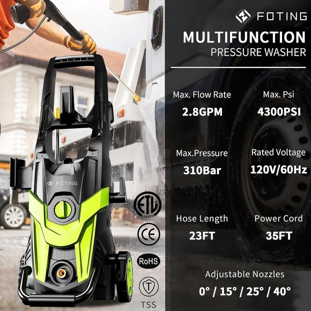 FOTING 4300 PSI at 2.8 GPM 115 Amps Corded Electric Pressure Washers with GFCI Protection, Chemical / Detergent Injection