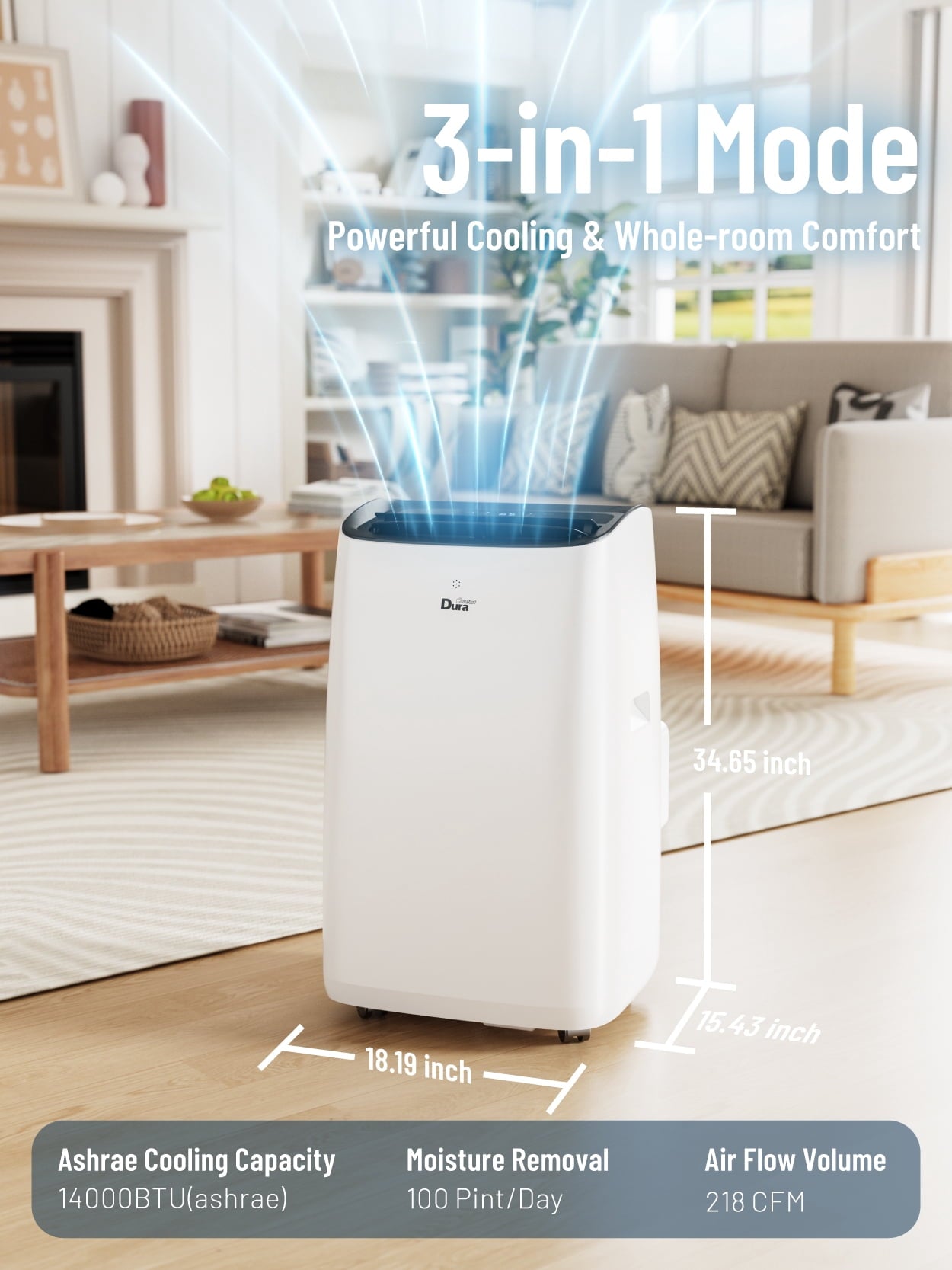 DuraComfort 14000 BTU Portable Air Conditioner, 10500 BTU SACC 3-in-1 AC Unit for 450 Sq.Ft Rooms, White