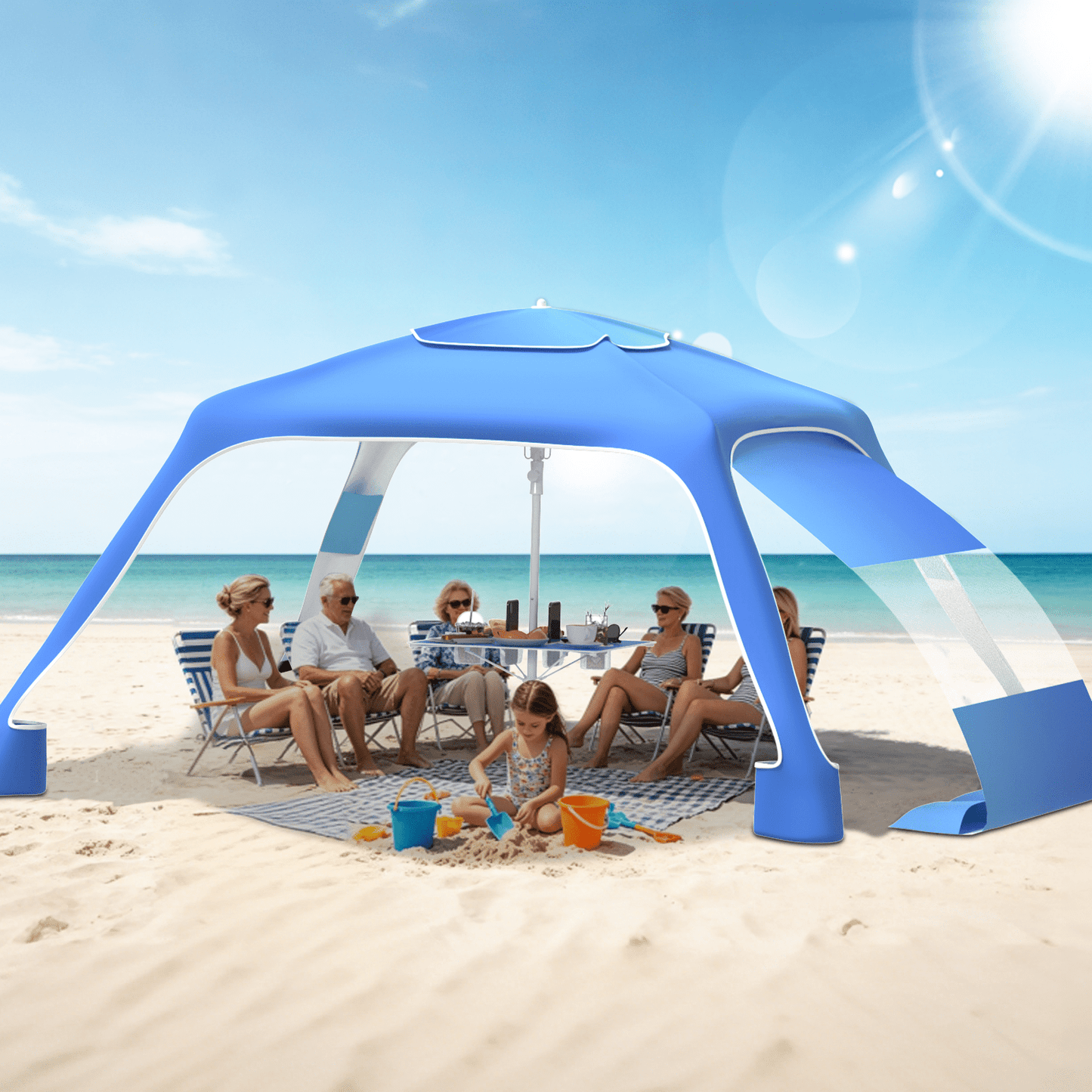 Beach Canopy Cabana with 4 Corners, 6.5'×6.5' Tent Sun Shelter, Adjustable Height Beach Umbrella Tent with Side Wall, Blue Gradient