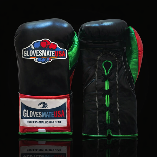 GlovesMateUSA Elite Lace-Up Boxing Gloves – Black / Green / Red