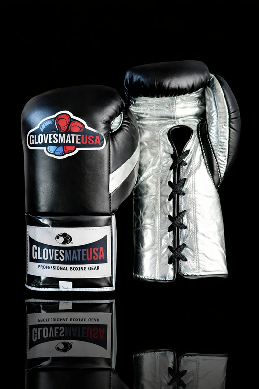GlovesMateUSA Elite Lace-Up Boxing Gloves – Black / Silver