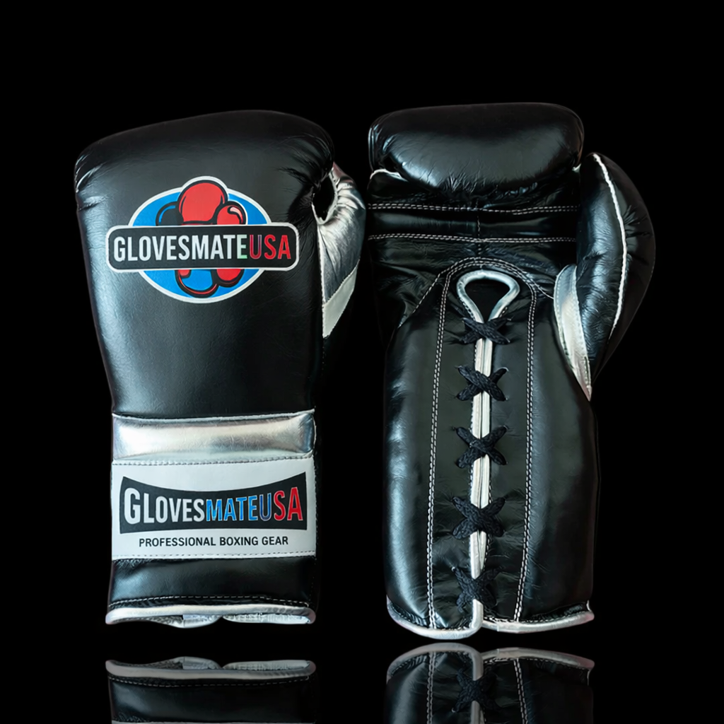 GlovesMateUSA Elite Lace-Up Boxing Gloves – Black / Silver / White