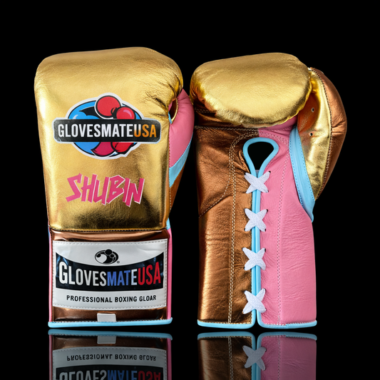 GlovesMateUSA Elite Lace-Up Boxing Gloves – Gold / Brown / Pink