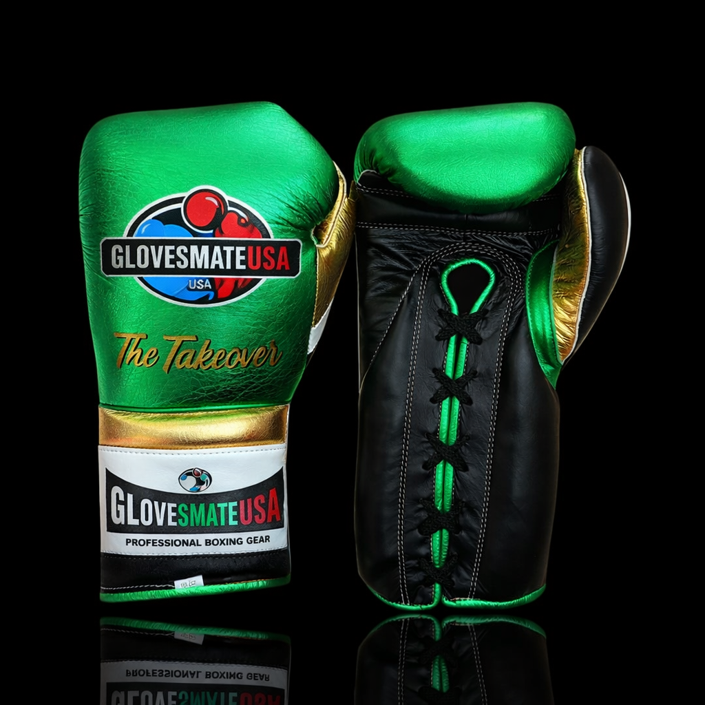 GlovesMateUSA Elite Lace-Up Boxing Gloves – Green / Black / Gold / White