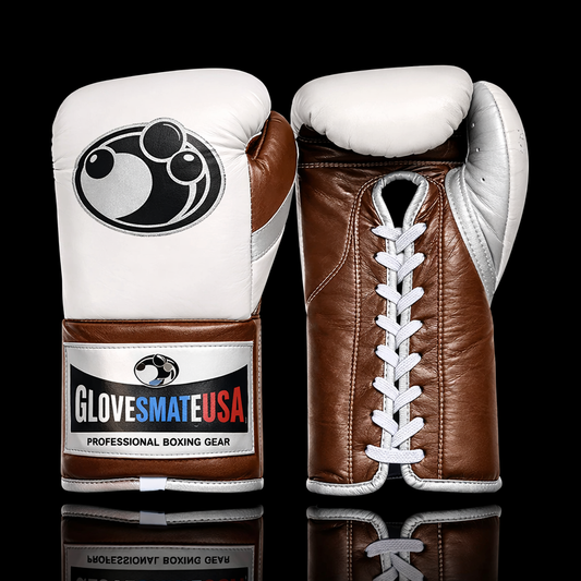 GlovesMateUSA Elite Lace-Up Boxing Gloves – White / Brown / Silver