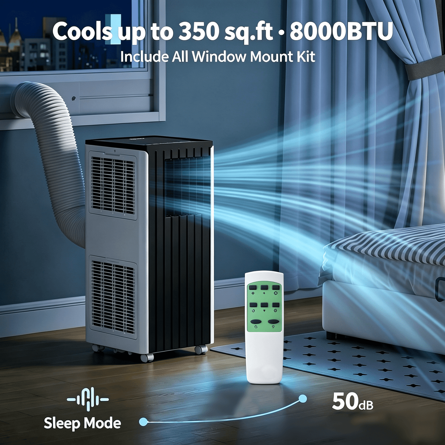 JoanKaren 8000 BTU Portable Air Conditioner Up to 350 Sq. Ft. 3-in-1 AC Unit with Cooling,Dehumidifier & Fan,Energy-Saving,24-Hr Timer,Full Window Kit,Black Top