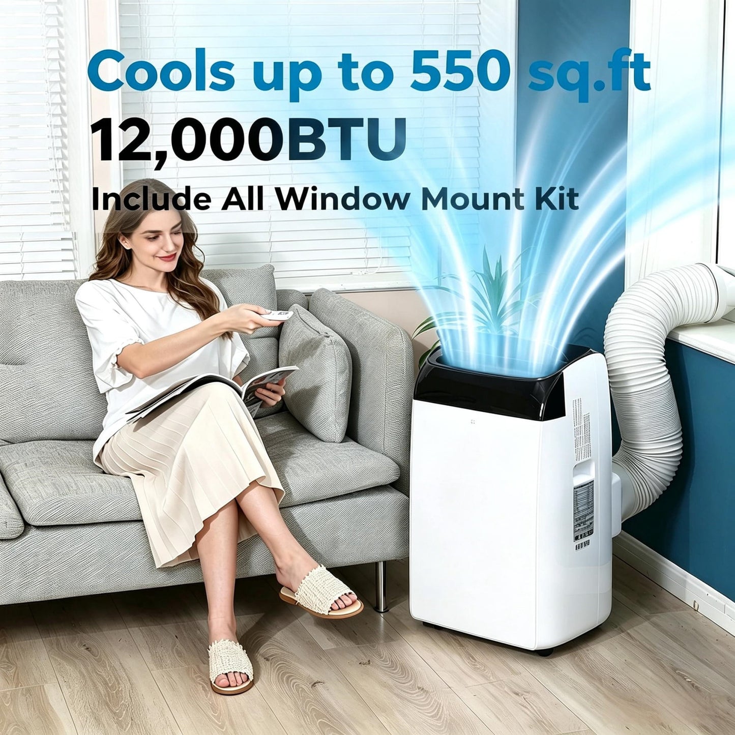 JoanKaren Portable Air Conditioner 12000 BTU,Cools Rooms Up to 550 Sq. Ft,3-in-1 Indoor AC Unit with Cooling,Dehumidifier,Fan,Remote Control & Complete Window Kit