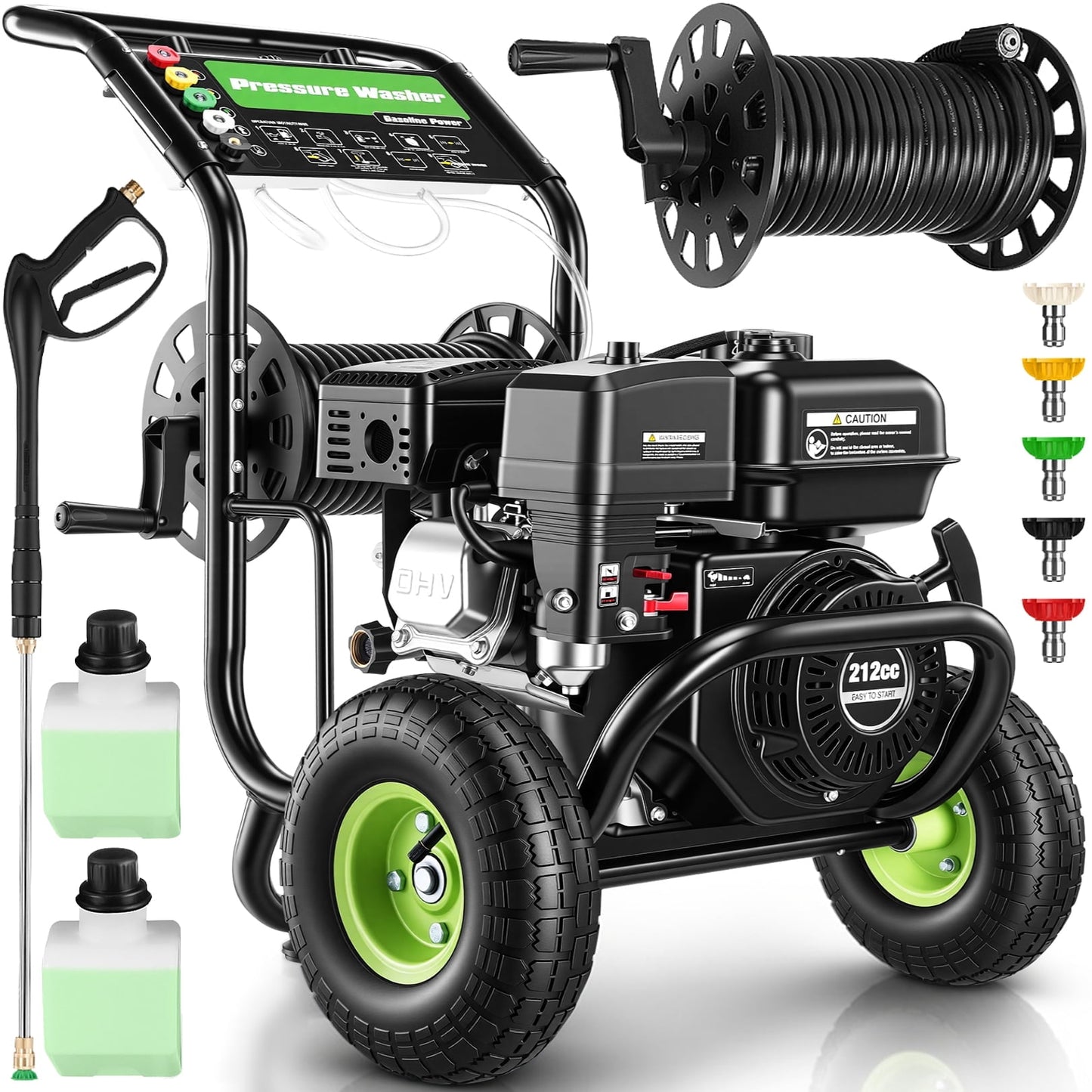 Professional 4200PSI 4GPM 212CC Gas Pressure Washer, 10" Wheels 33FT Hose Reel 800ML*2 Foam Bottle 5 Nozzles 3600RPM 7.0HP Commercial/Household Gas Power Washer for Cleaning (EPA/CARB/ETL Compliant)
