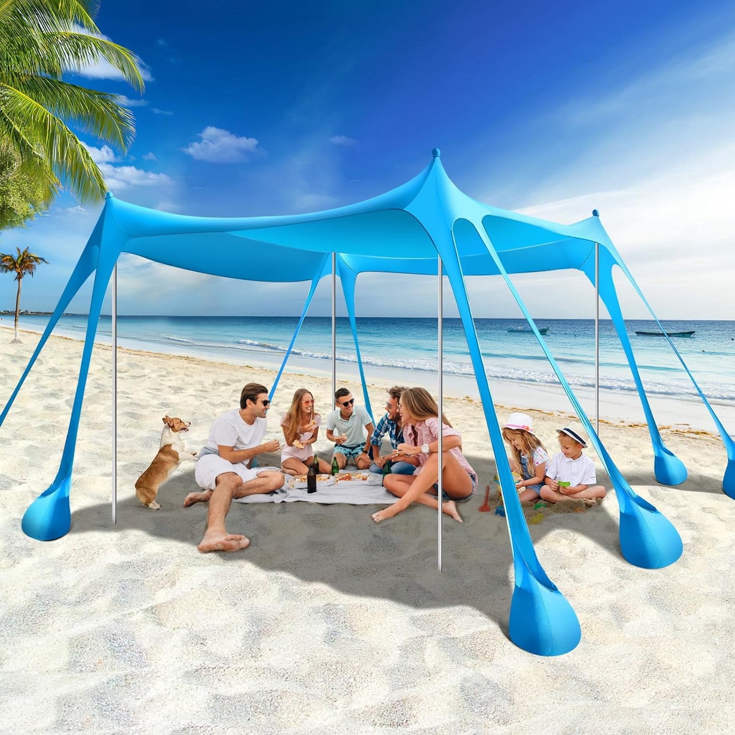 Rhino Valley Beach Tent Sun Shelter, Beach Canopy Tent Sun Shade UPF50+ Protection with 8 Sandbags 4 Stability Poles, Outdoor Beach Shade Canopy for Beach, Camping, Fishing
