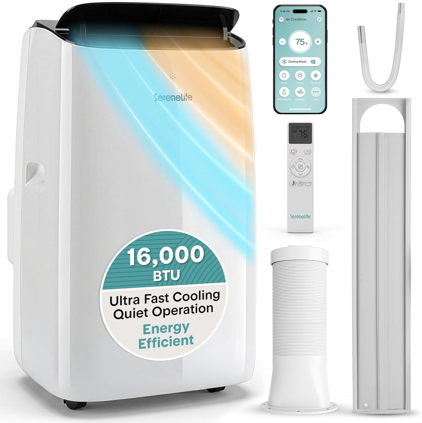 SereneLife 16000 BTU Inverter Portable Air Conditioner & Heater with Wi-Fi – Dual Hose AC Unit with Dehumidifier, Fan Modes, Window Kit & Smart Control (White)