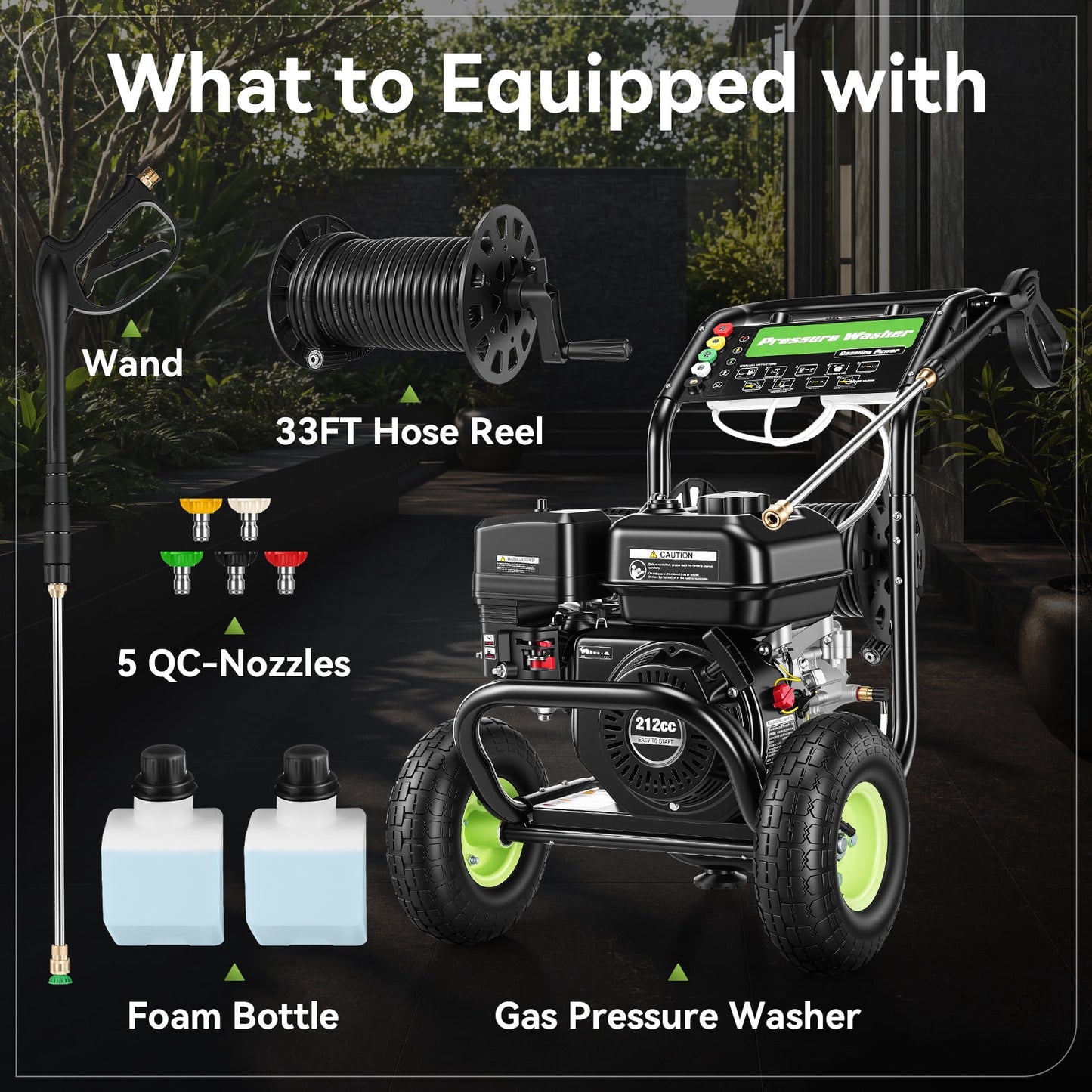 Professional 4200PSI 4GPM 212CC Gas Pressure Washer, 10" Wheels 33FT Hose Reel 800ML*2 Foam Bottle 5 Nozzles 3600RPM 7.0HP Commercial/Household Gas Power Washer for Cleaning (EPA/CARB/ETL Compliant)