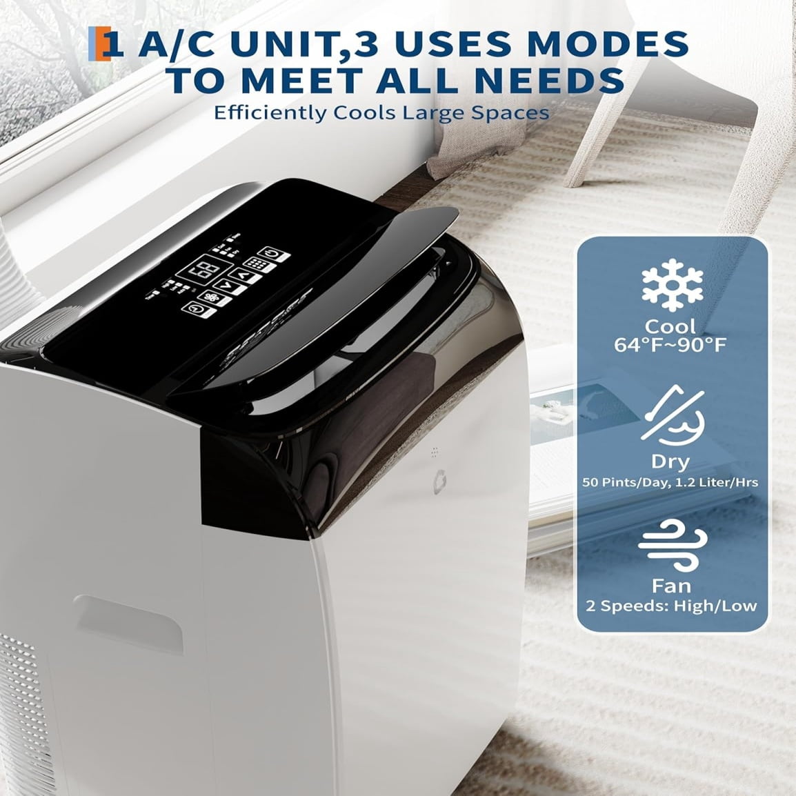 JoanKaren Portable Air Conditioner 12000 BTU,Cools Rooms Up to 550 Sq. Ft,3-in-1 Indoor AC Unit with Cooling,Dehumidifier,Fan,Remote Control & Complete Window Kit