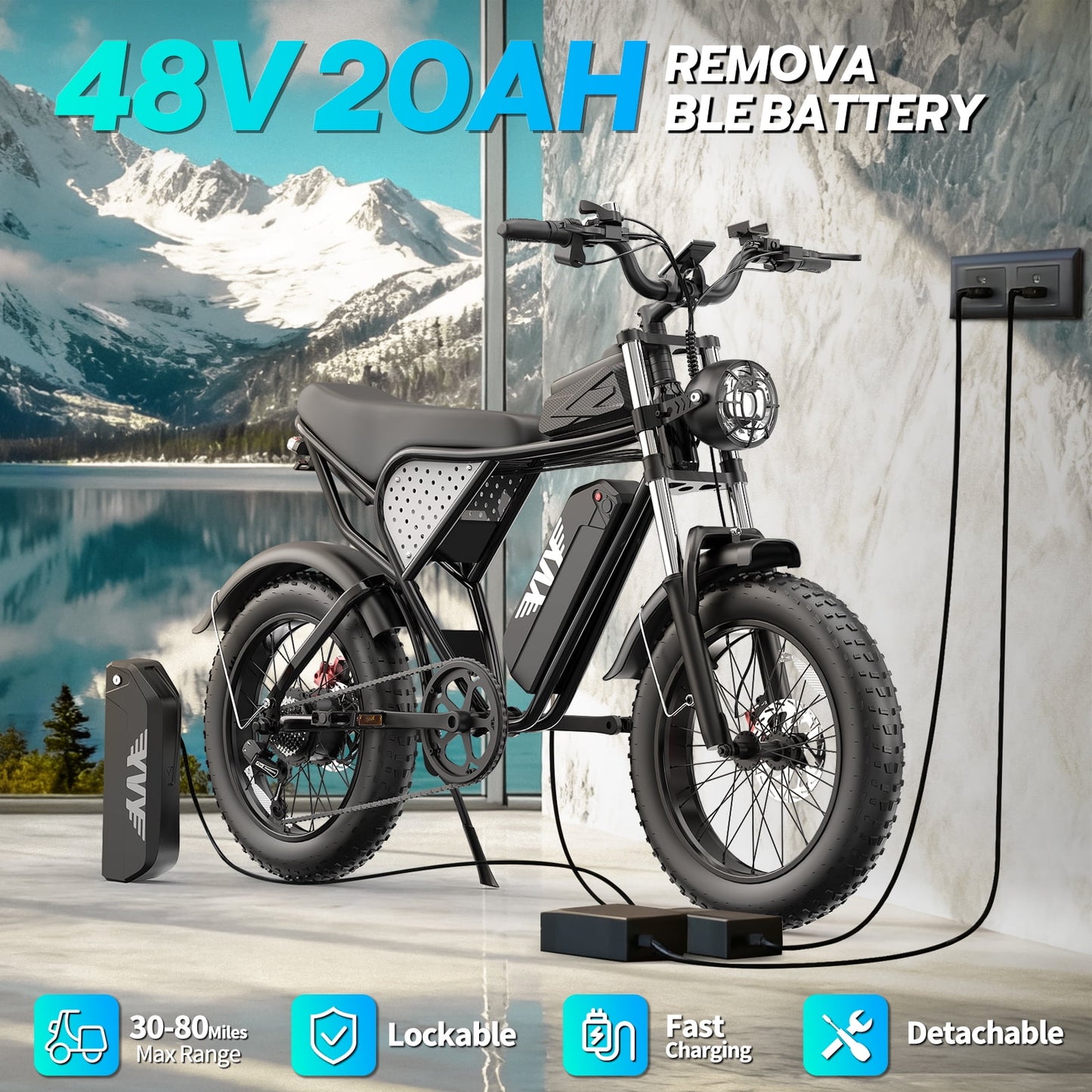 YVY Electric Bike for Adults,Peak 1500W 48V 20AH,Max 80 Miles E-Mountain Bike, 20'' Fat Tire Full Suspension Electric Bicycle