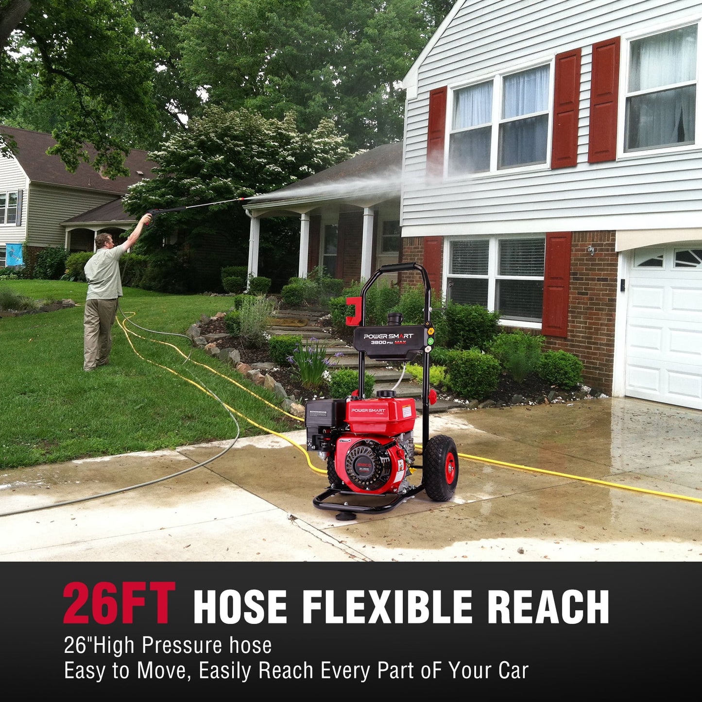 PowerSmart 3800PSI Gas Pressure Washer, 212cc Engine 2.5GPM 5 Quick-Adjustable Nozzles for Gardens