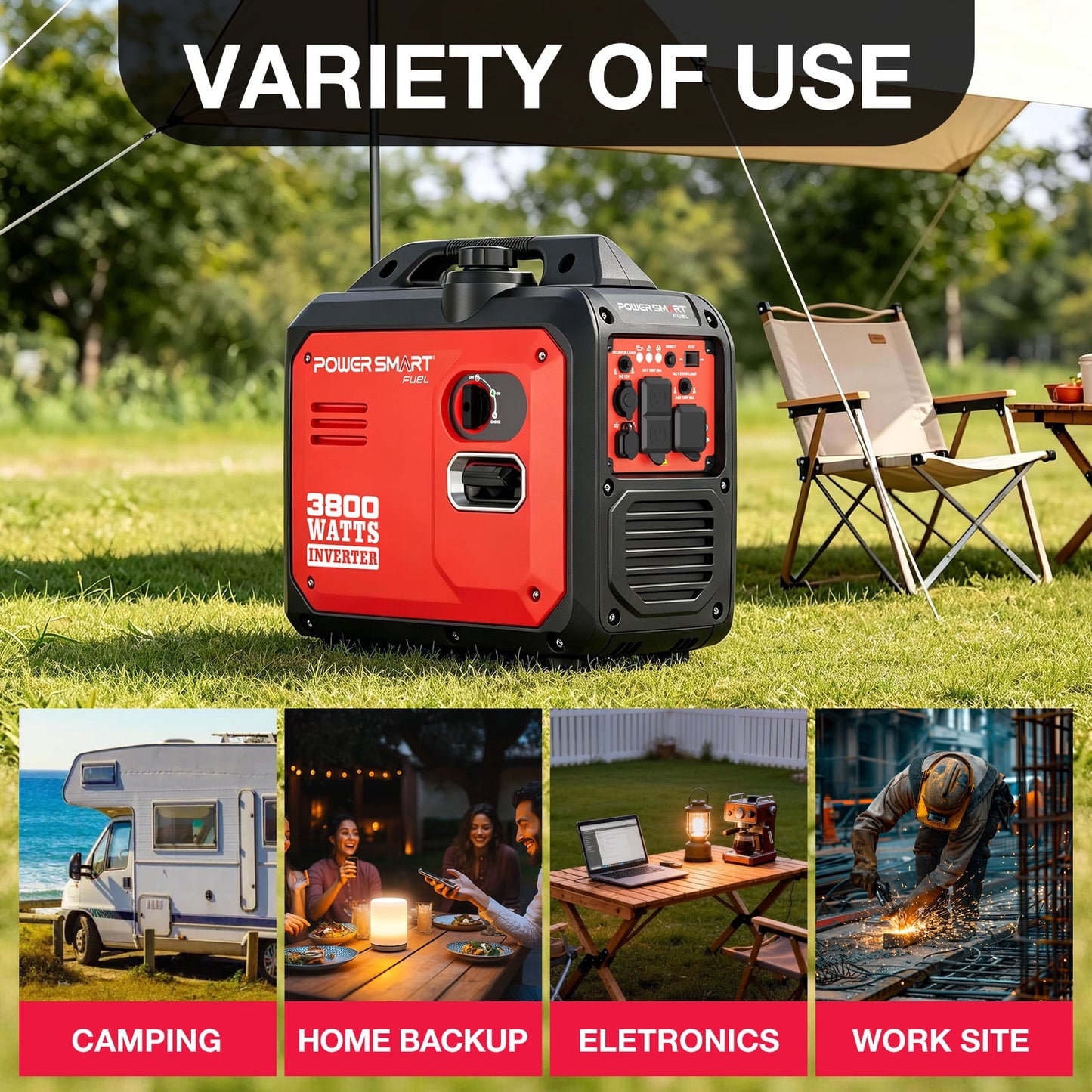 PowerSmart 3800-Watt Portable Inverter Generator, Super Quiet 59dB Gas Powered Engine (143cc)