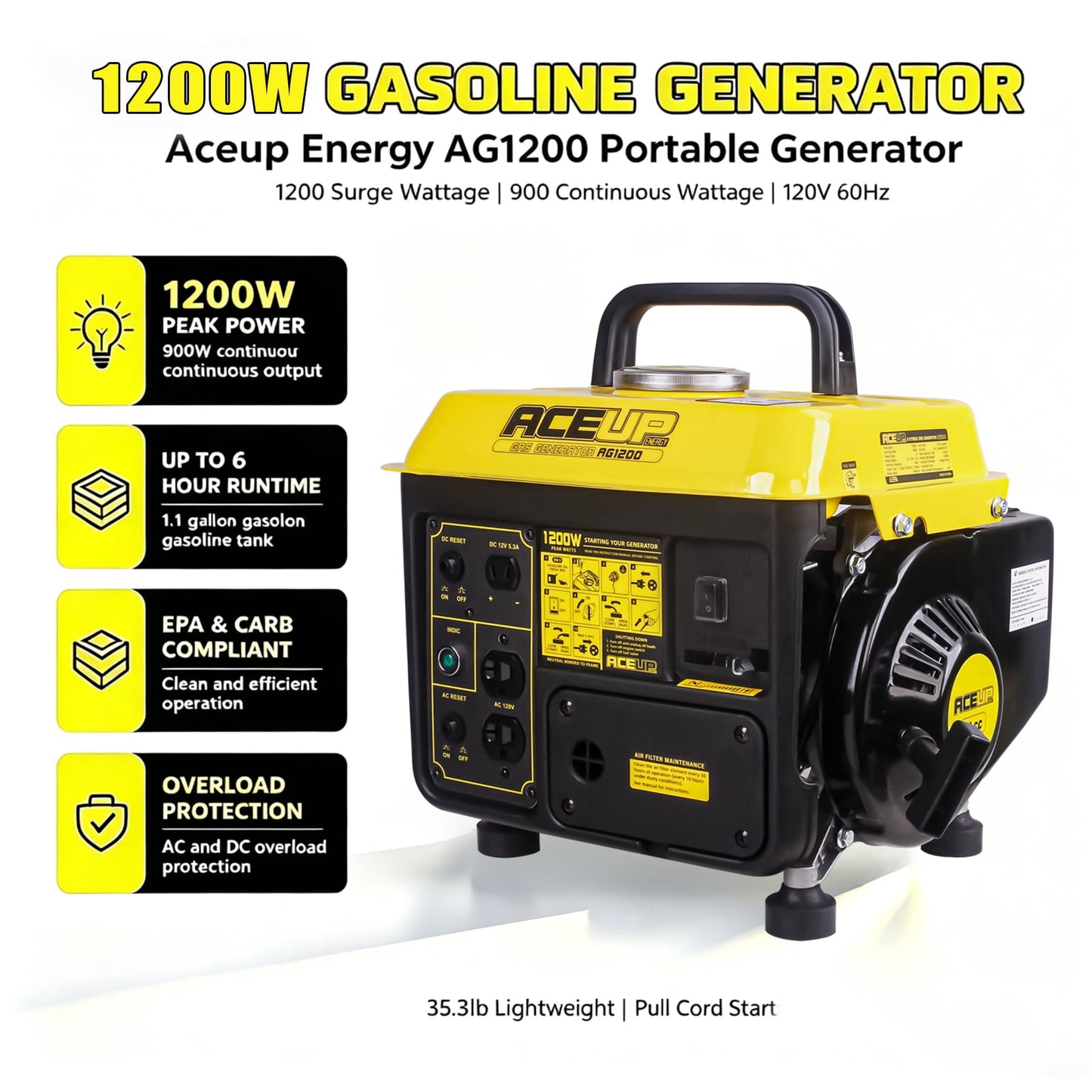 Aceup Energy 1,200W Gas-Powered Generator, Portable Generator Camping Ultralight, EPA & CARB Compliant