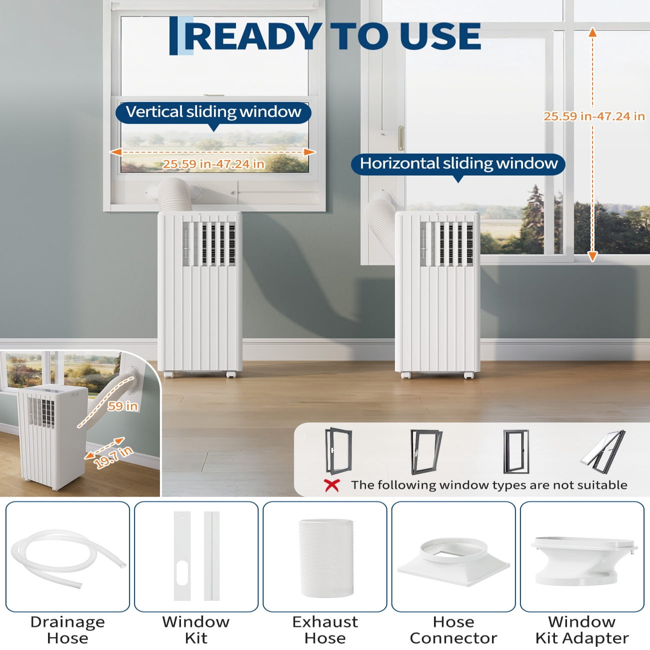 JoanKaren 8000 BTU Portable Air Conditioner Up to 350 Sq. Ft. 3-in-1 AC Unit with Cooling,Dehumidifier & Fan,Energy-Saving,24-Hr Timer,Full Window Kit,White